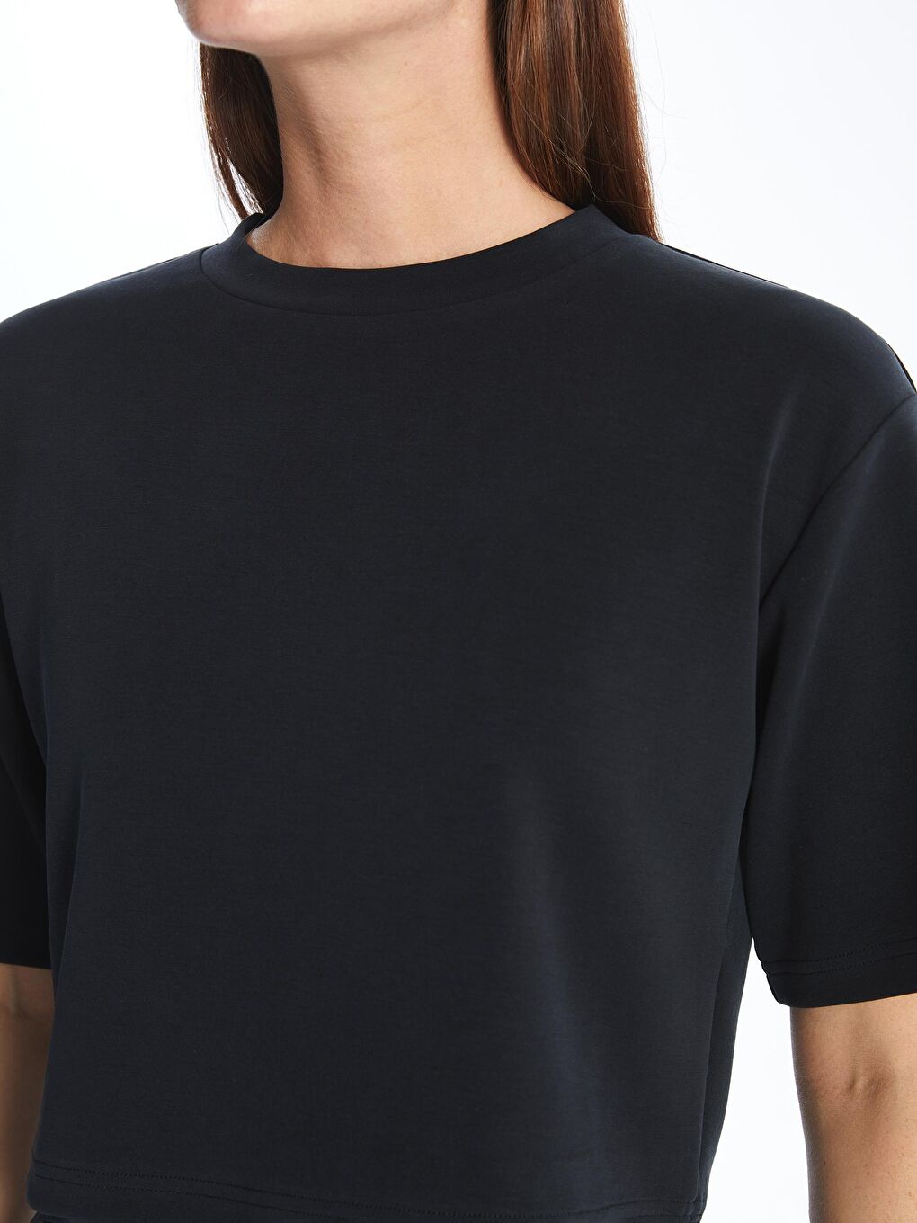 Dexia Antrasit Brest - Modal  Kumaş Düz Crop Tshirt - Antrasit - 3