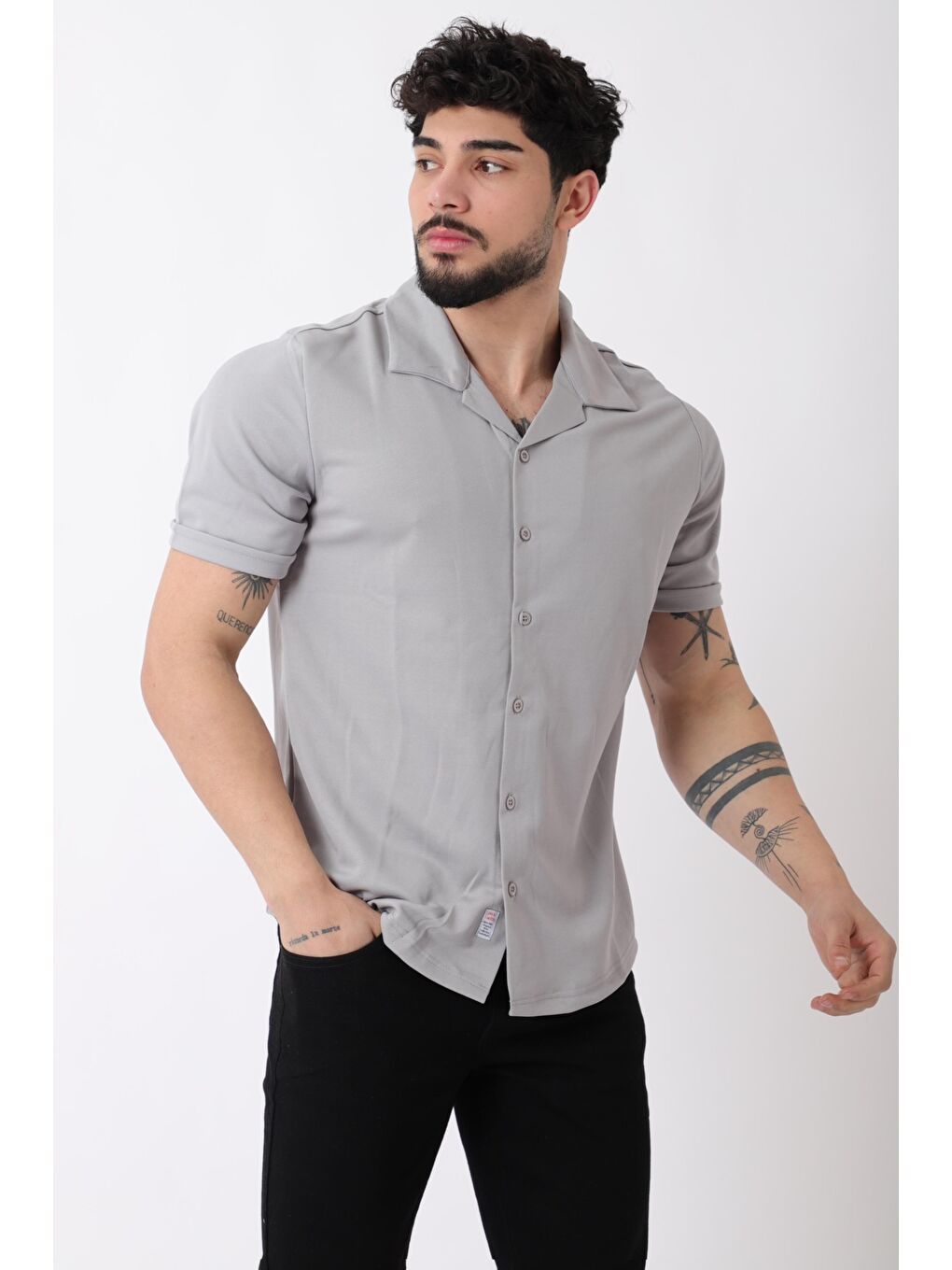 Gri Apaç Yaka Kısa Kol Gömlek JS C-155_40359-1