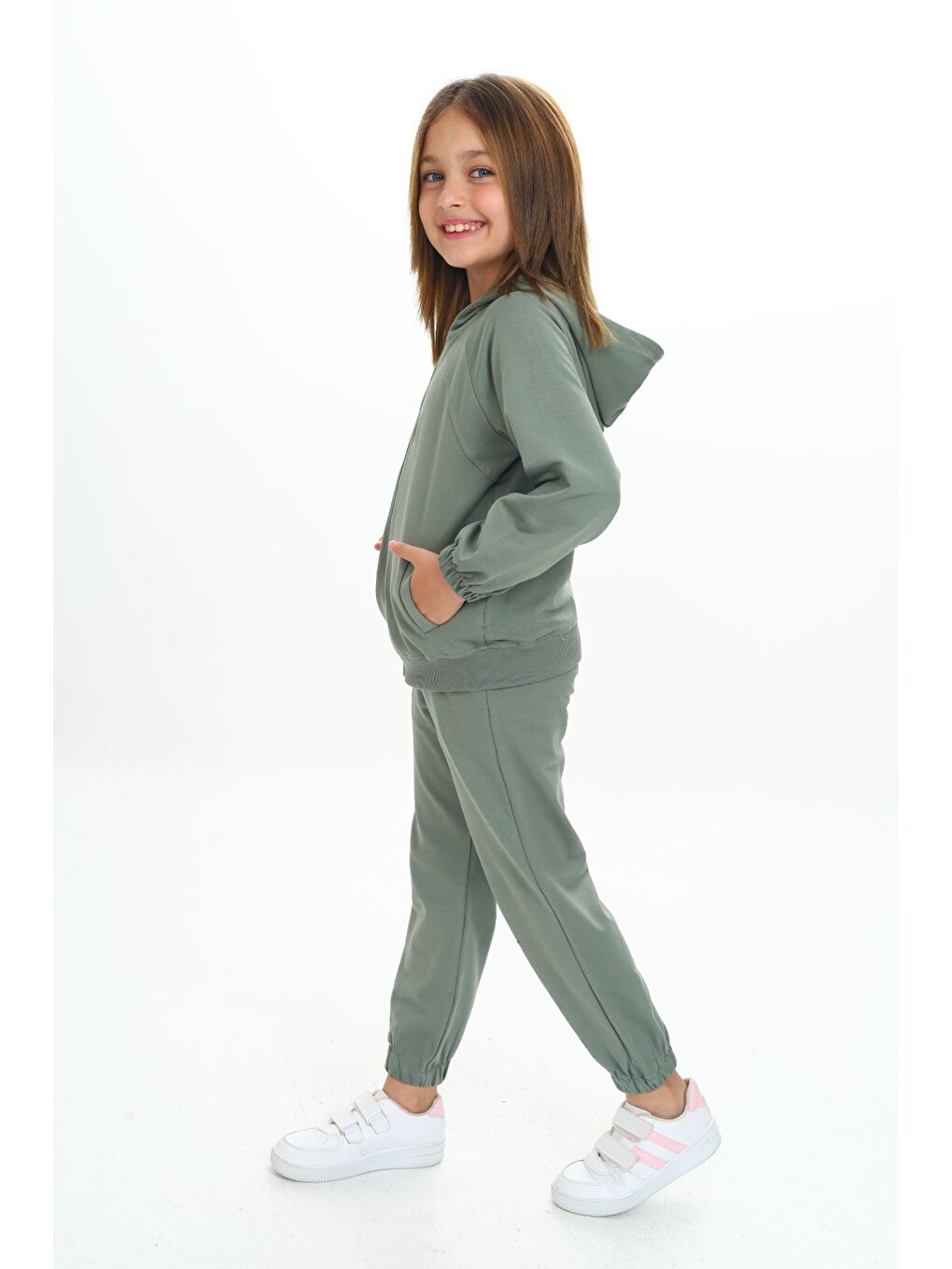 Yeşil Kız Çocuk Kapüşonlu Eşofman Takım-1