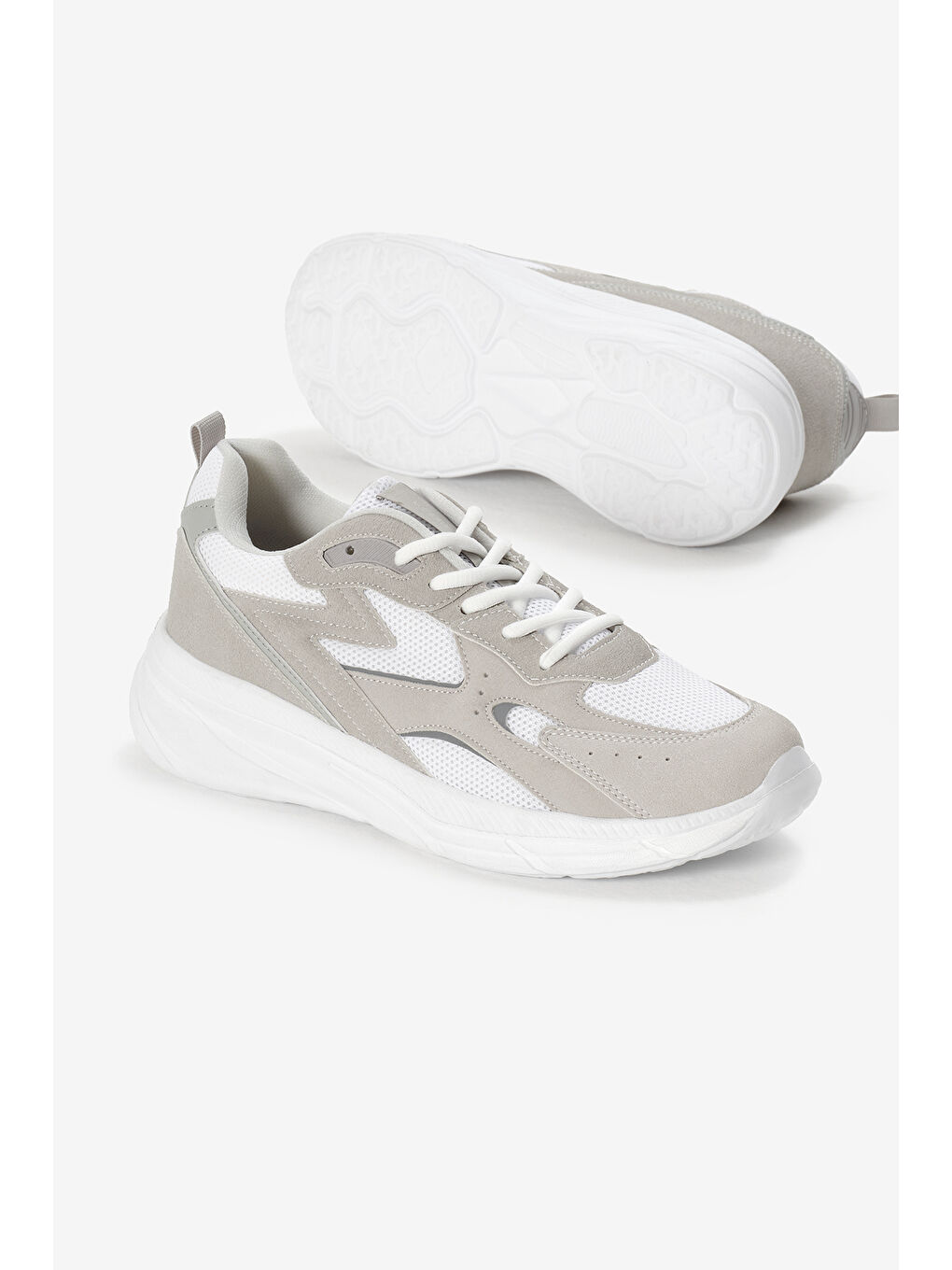 Erkek Gri Beyaz Faylon Taban Nefes Alabilen Kumaş Reflektörlü Dalgalı Desenli Spor Ayakkabı-3