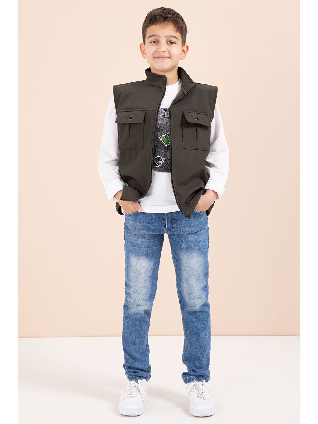 Haki Sıfır Kol Yelekli Badili Erkek Çocuk 3lü Pantolonlu Takım 23488