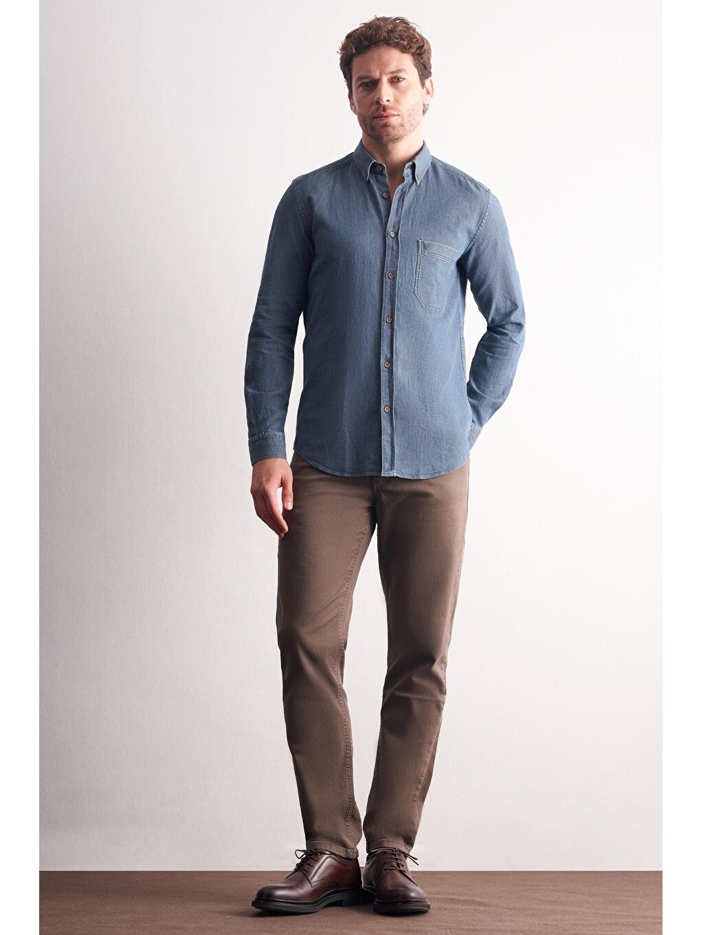 Lacivert Uzun Kol Düğmeli Yaka %100 Pamuk Slim Fit Gömlek 1004255199-1