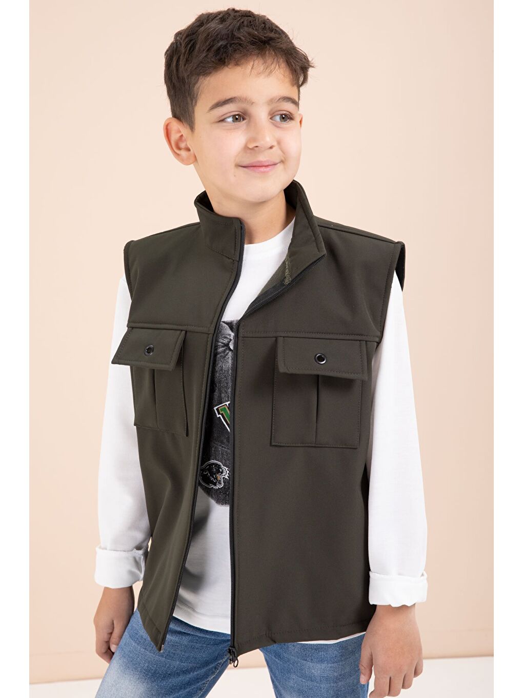 Haki Sıfır Kol Yelekli Badili Erkek Çocuk 3lü Pantolonlu Takım 23488-1