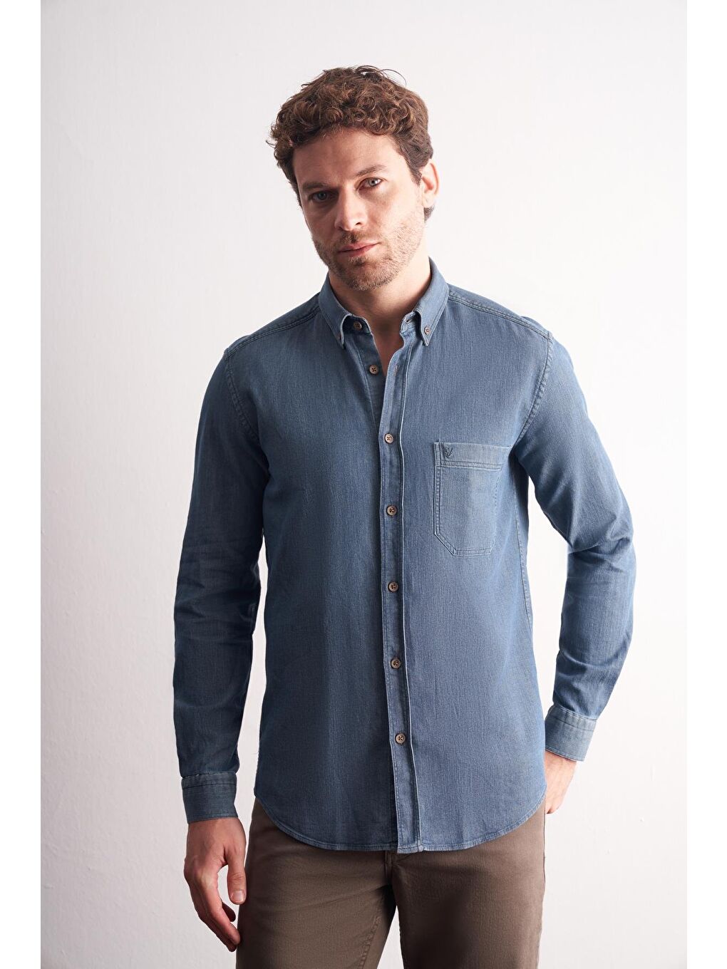 Lacivert Uzun Kol Düğmeli Yaka %100 Pamuk Slim Fit Gömlek 1004255199-2