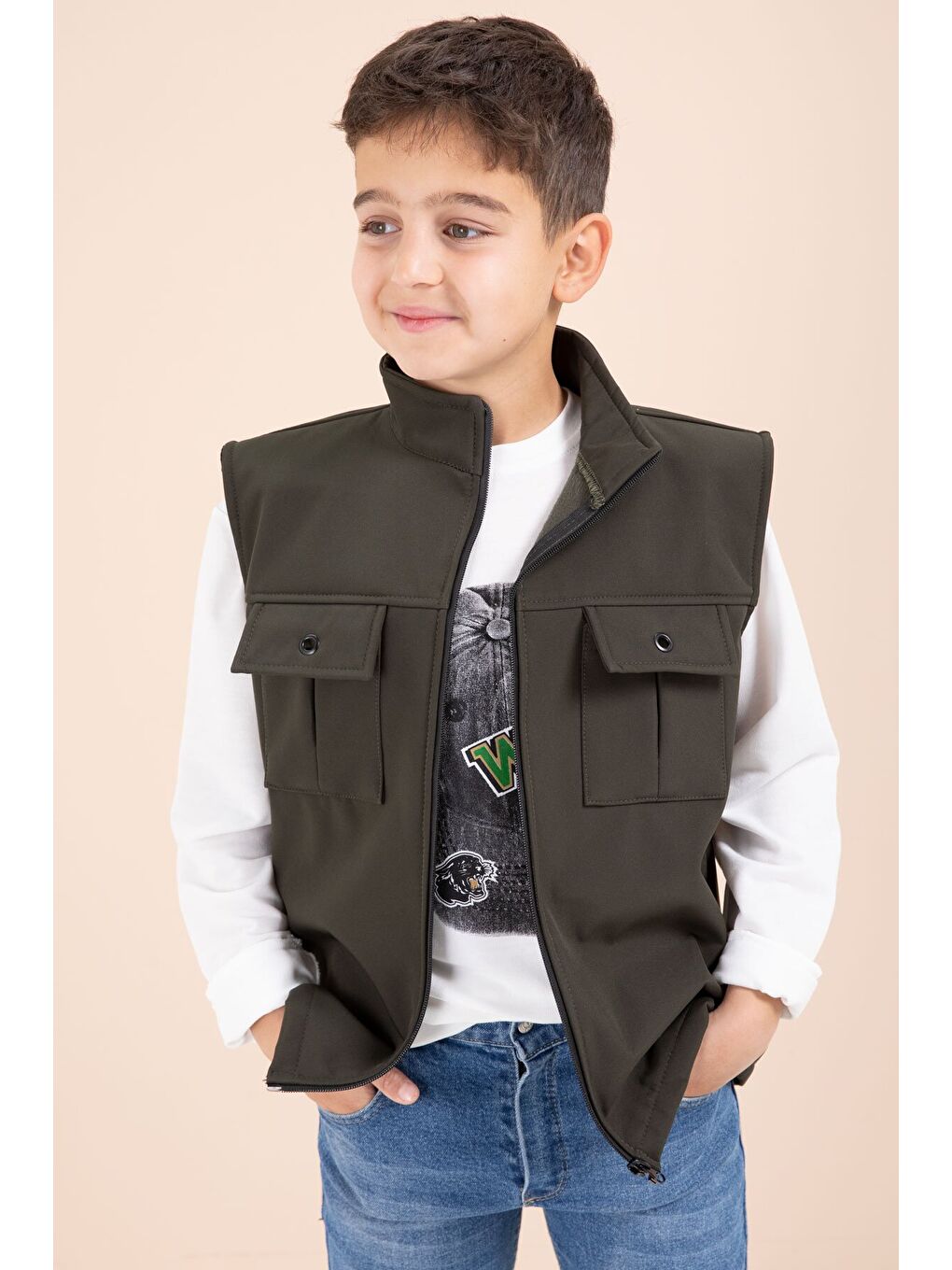 Haki Sıfır Kol Yelekli Badili Erkek Çocuk 3lü Pantolonlu Takım 23488-4