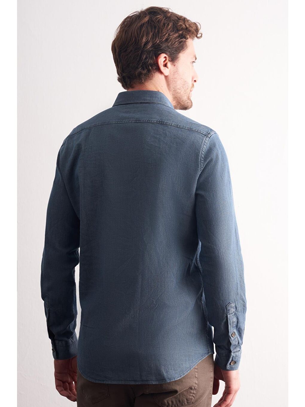 Lacivert Uzun Kol Düğmeli Yaka %100 Pamuk Slim Fit Gömlek 1004255199-4