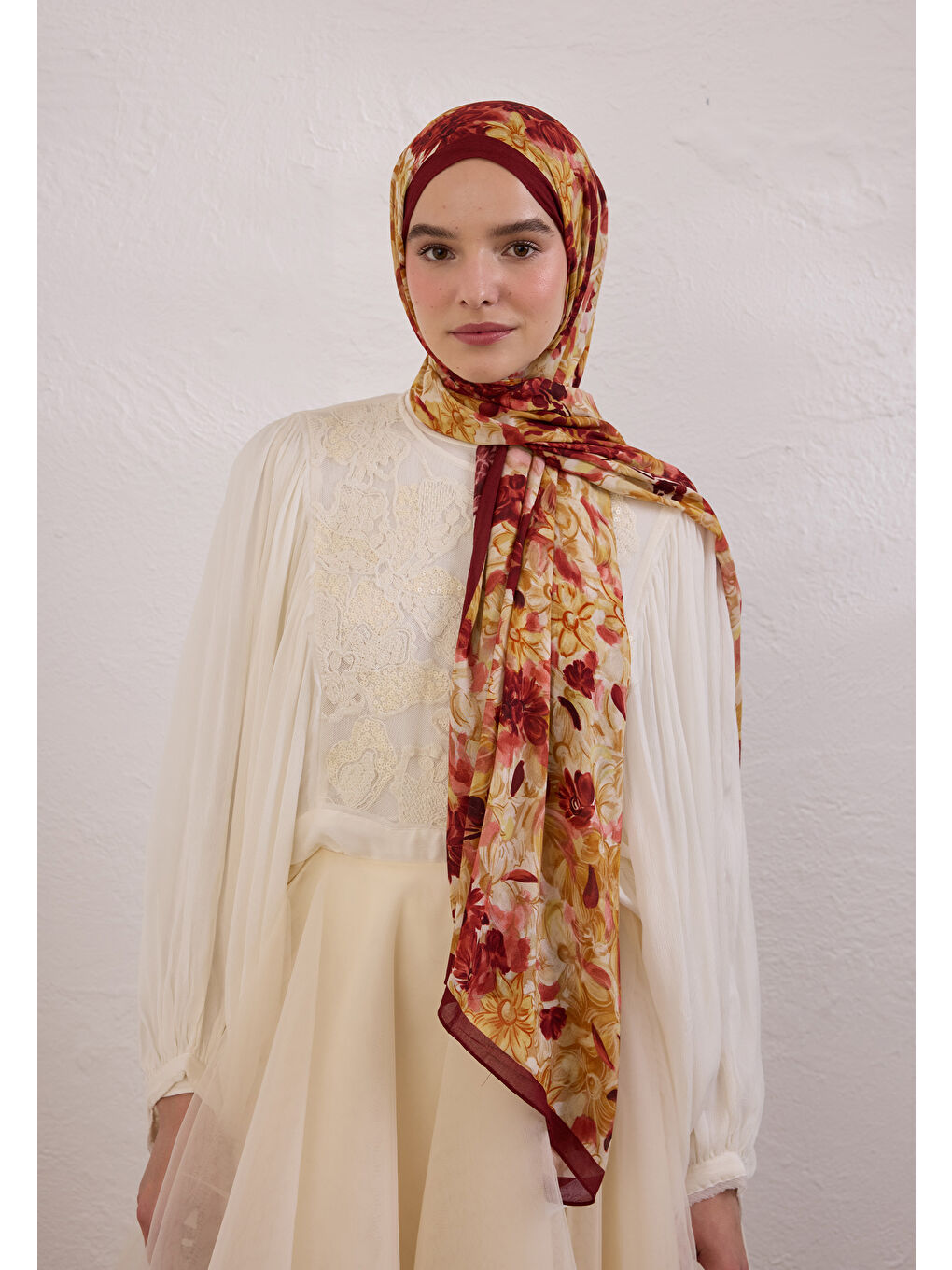 Summer Bloom Desen Rami Şal Bordo-1