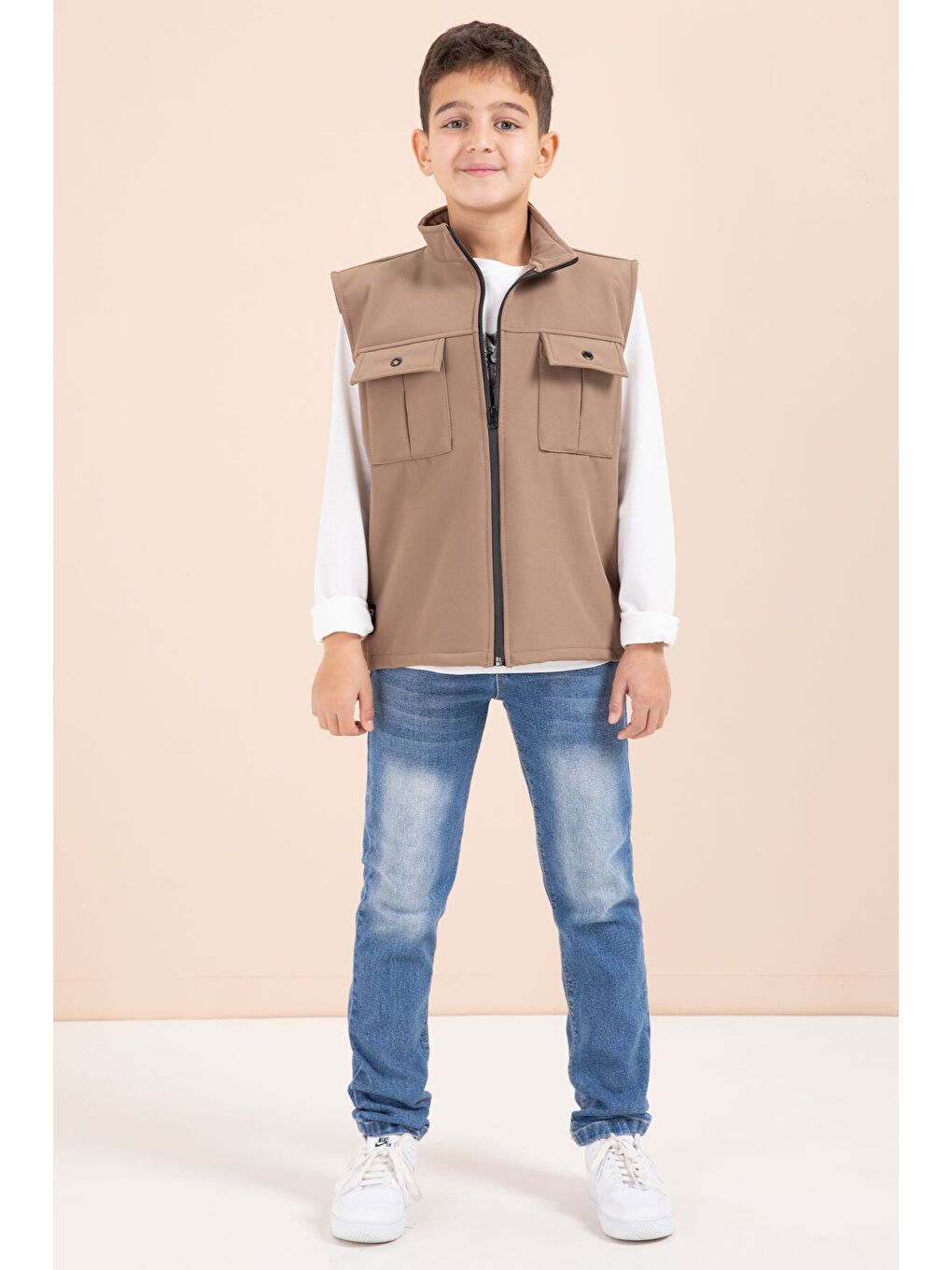 Kahverengi Sıfır Kol Yelekli Badili Erkek Çocuk 3lü Pantolonlu Takım 23487-1