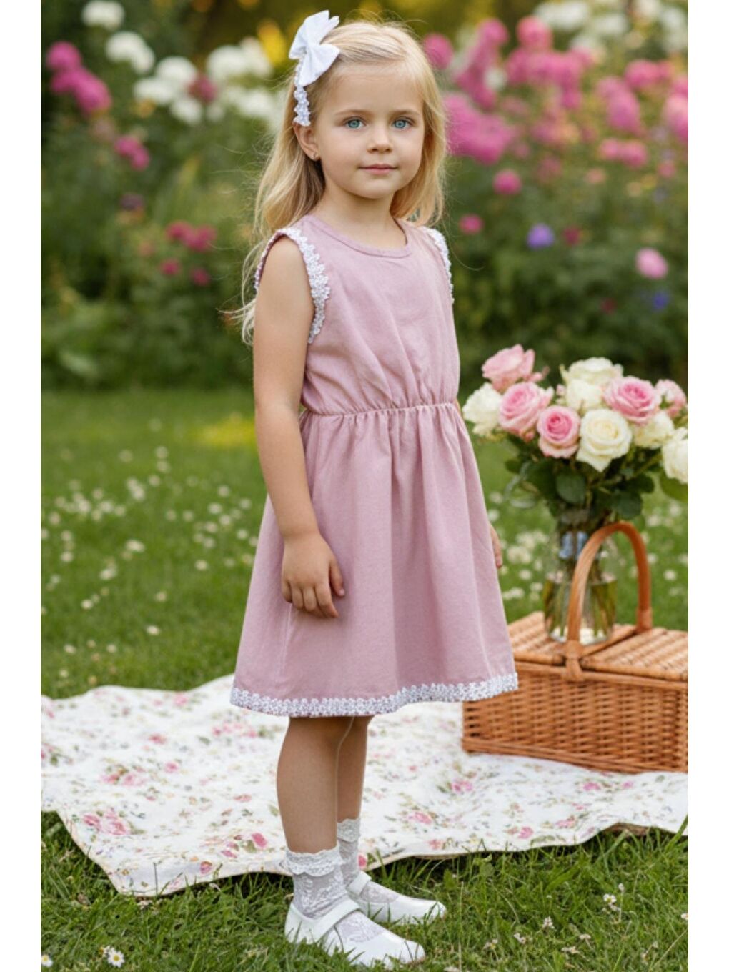 Pembe Kız Çocuk Pudra Elbise Toka Takım