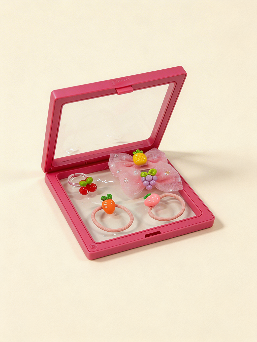 Kız Çocuk 5'Li Meyveli Plastik Kutulu Toka Seti Pembe-1