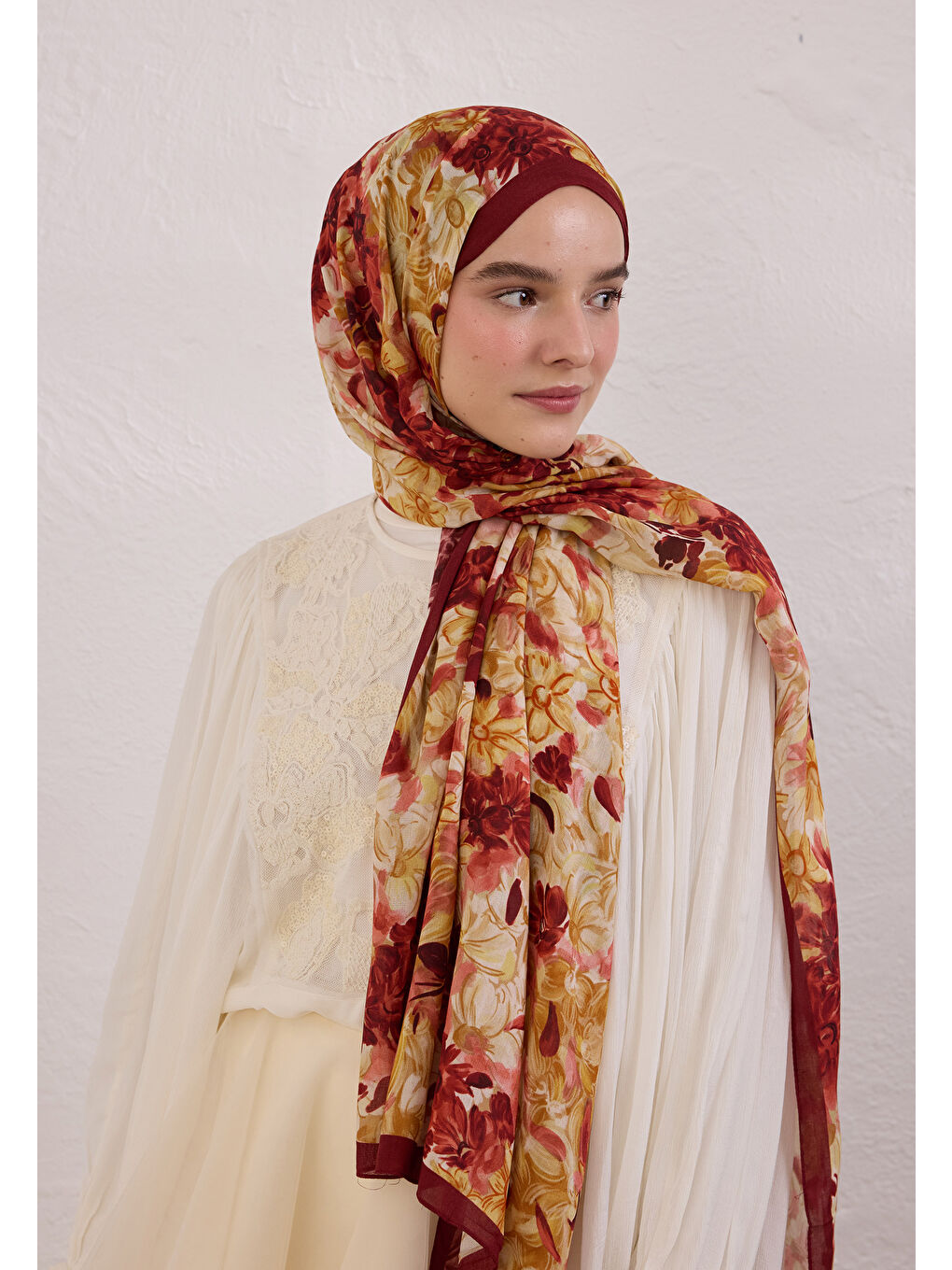 Summer Bloom Desen Rami Şal Bordo-3