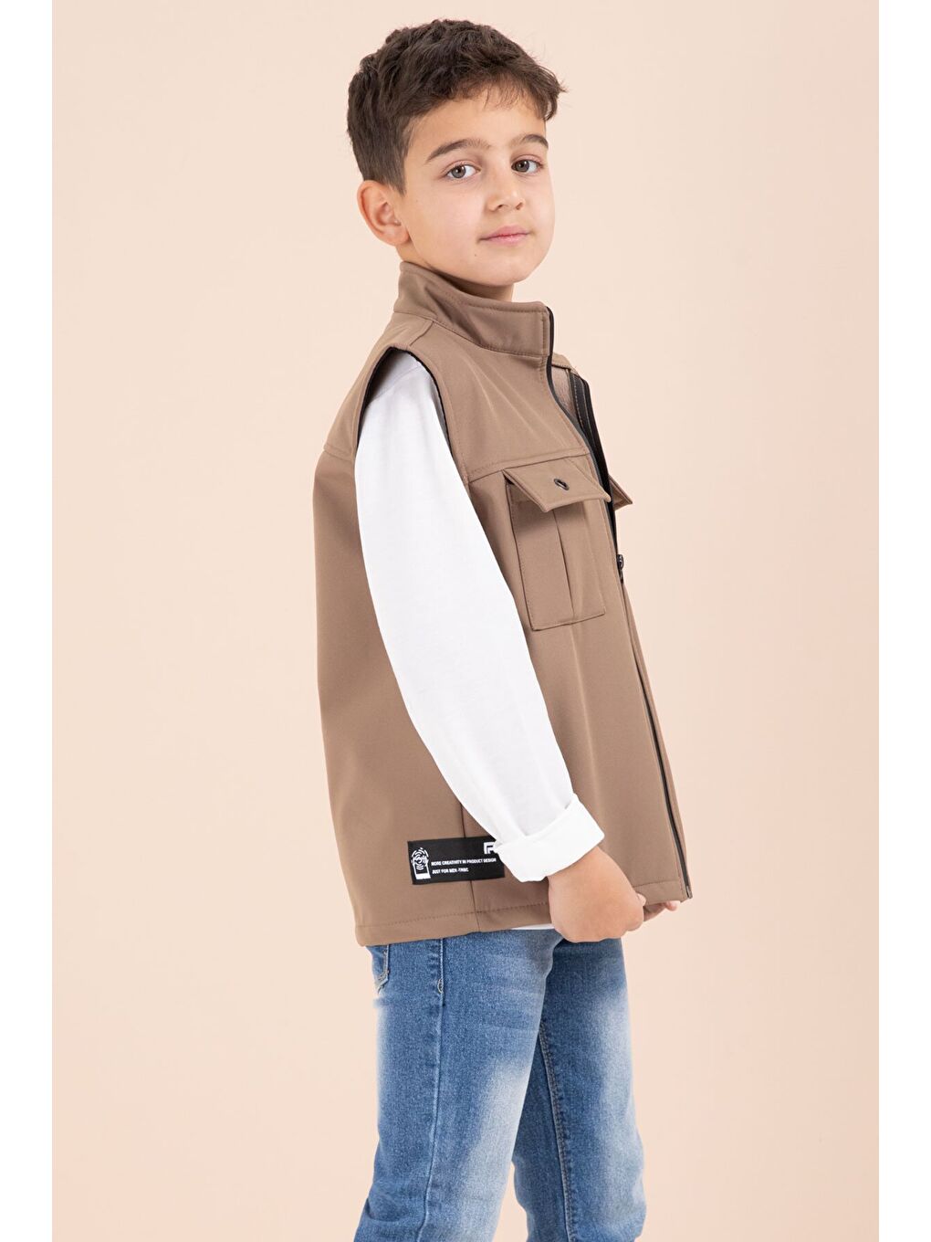 Kahverengi Sıfır Kol Yelekli Badili Erkek Çocuk 3lü Pantolonlu Takım 23487-2