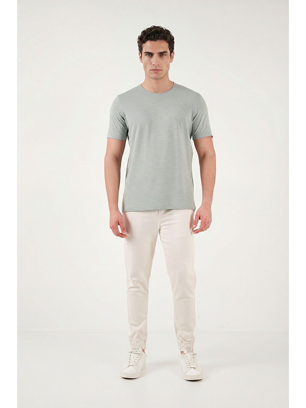 Yeşil Pamuklu Regular Fit Çizgili Bisiklet Yaka T Shirt 5904030-1