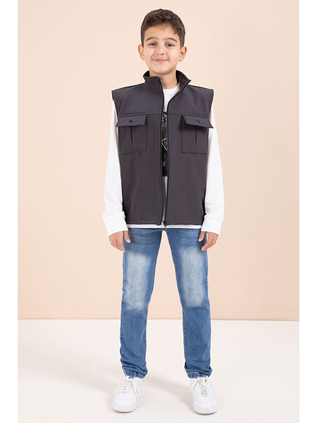 Gri Füme Sıfır Kol Yelekli Badili Erkek Çocuk 3lü Pantolonlu Takım 23489