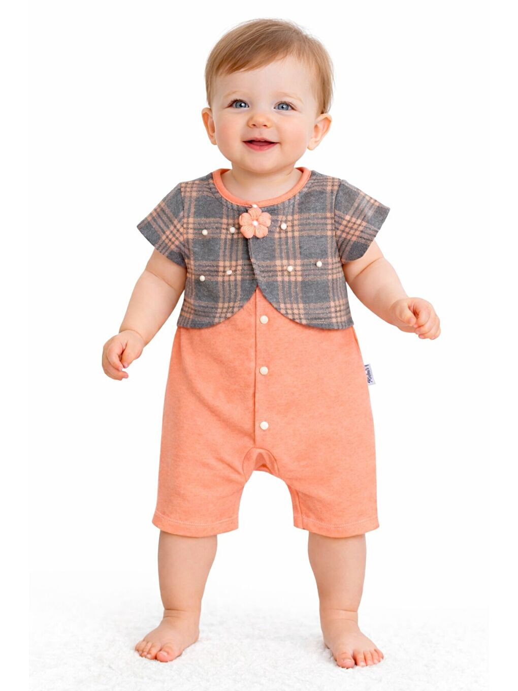 Pembe Kız Bebek Ekose Fiyonklu Elbise %100 Pamuklu Uzun Kollu Bebek Tulum