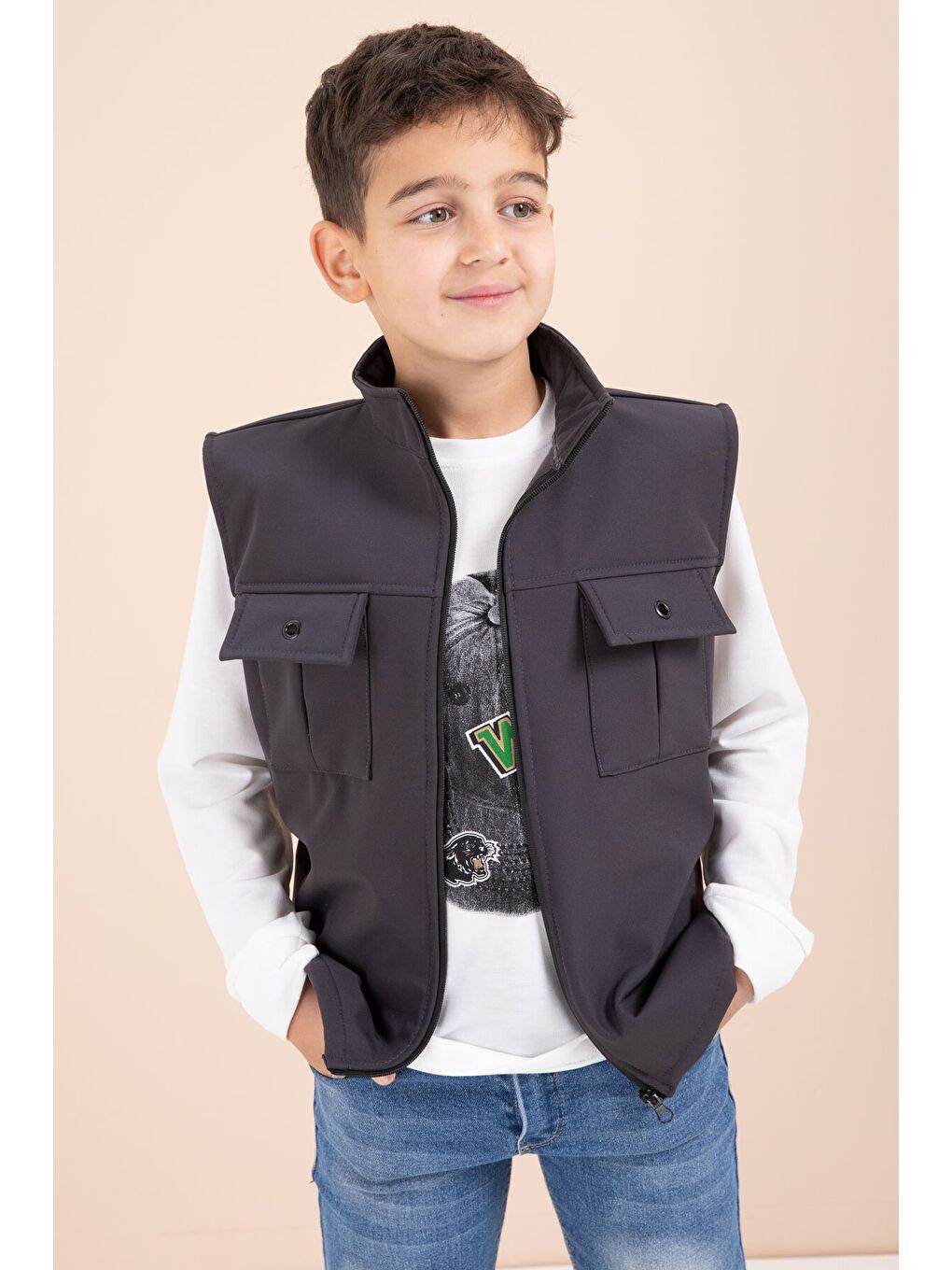 Gri Füme Sıfır Kol Yelekli Badili Erkek Çocuk 3lü Pantolonlu Takım 23489-1