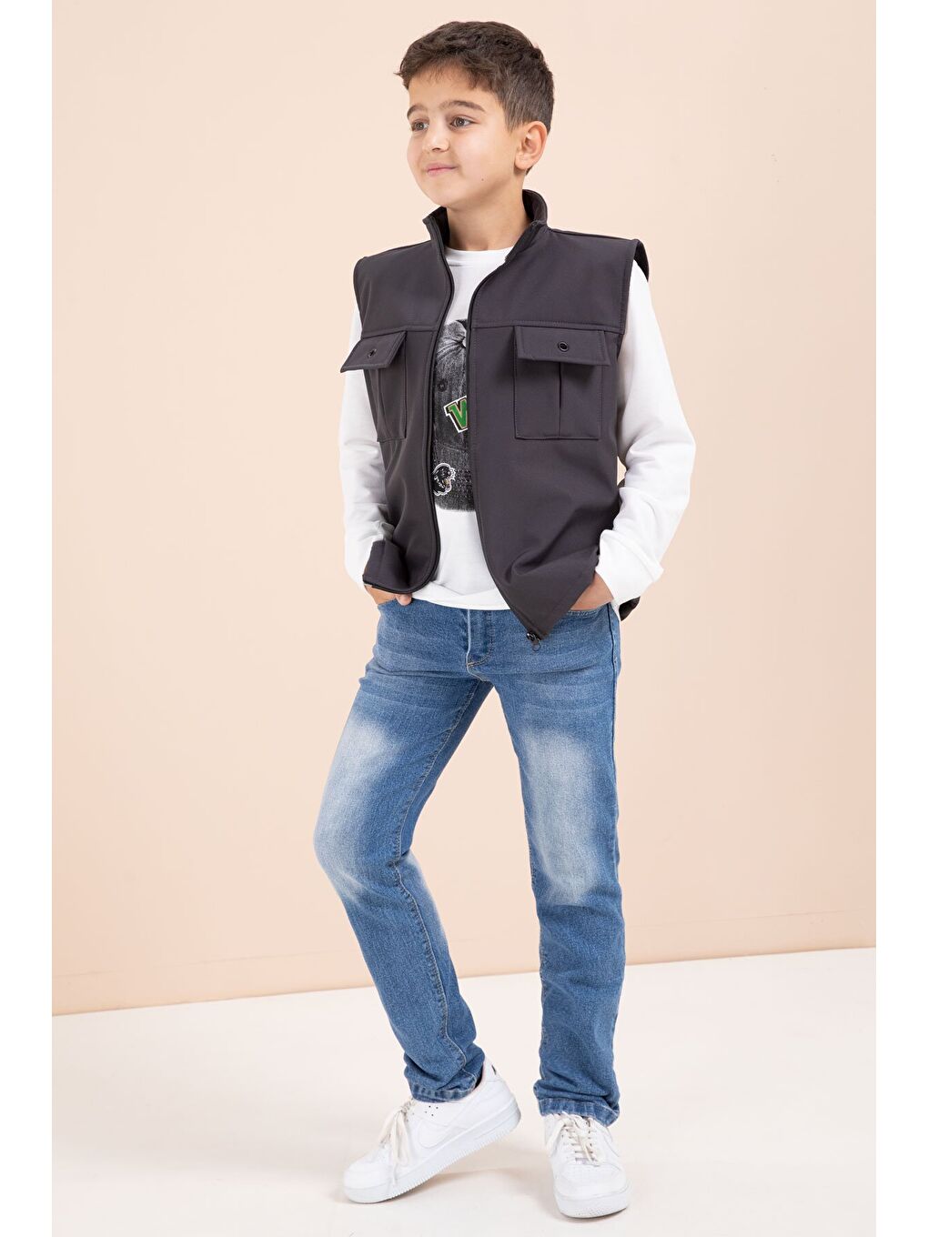Gri Füme Sıfır Kol Yelekli Badili Erkek Çocuk 3lü Pantolonlu Takım 23489-2