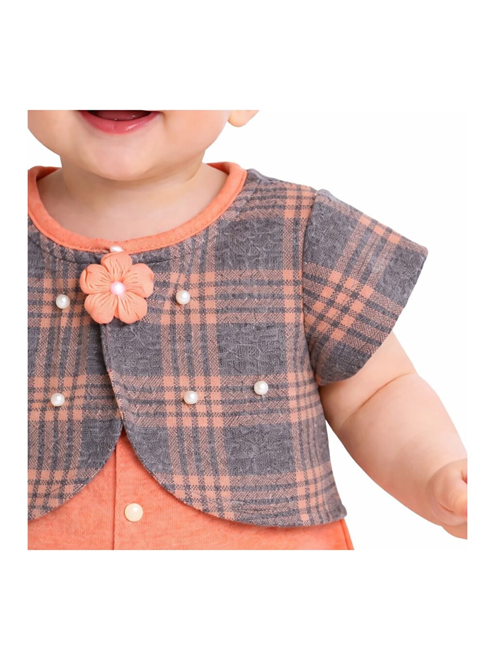 Pembe Kız Bebek Ekose Fiyonklu Elbise %100 Pamuklu Uzun Kollu Bebek Tulum-1