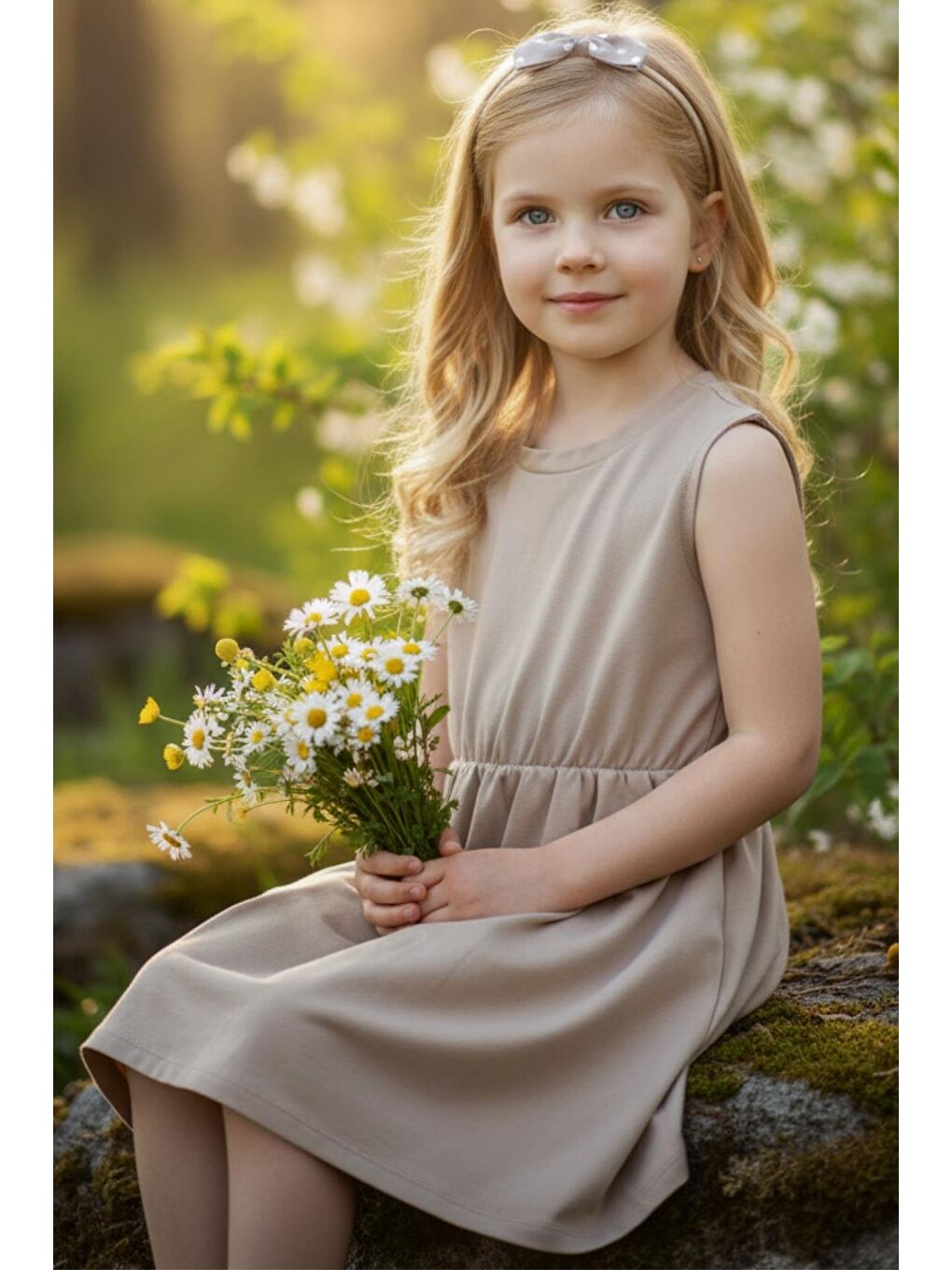 Bej Kız Çocuk Kumbeji Elbise Fiyonk Bandana Takım