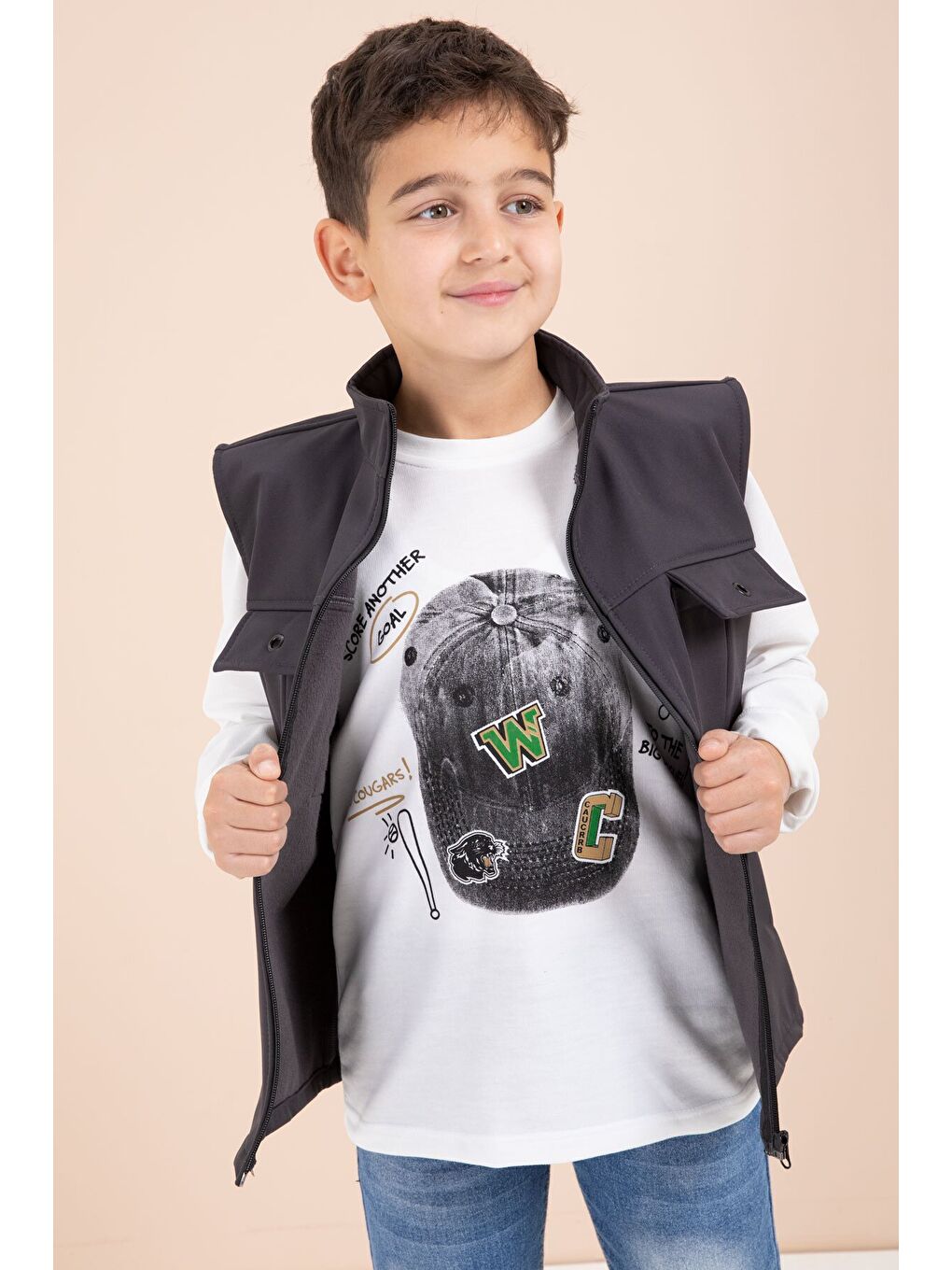 Gri Füme Sıfır Kol Yelekli Badili Erkek Çocuk 3lü Pantolonlu Takım 23489-4