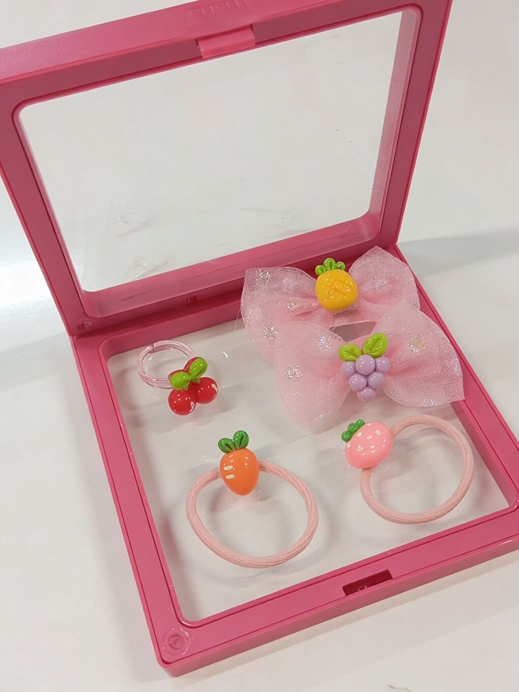 Kız Çocuk 5'Li Meyveli Plastik Kutulu Toka Seti Pembe-2