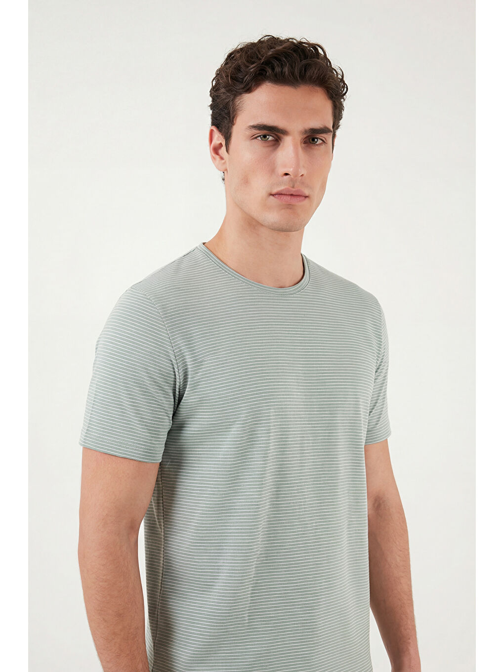 Yeşil Pamuklu Regular Fit Çizgili Bisiklet Yaka T Shirt 5904030-4