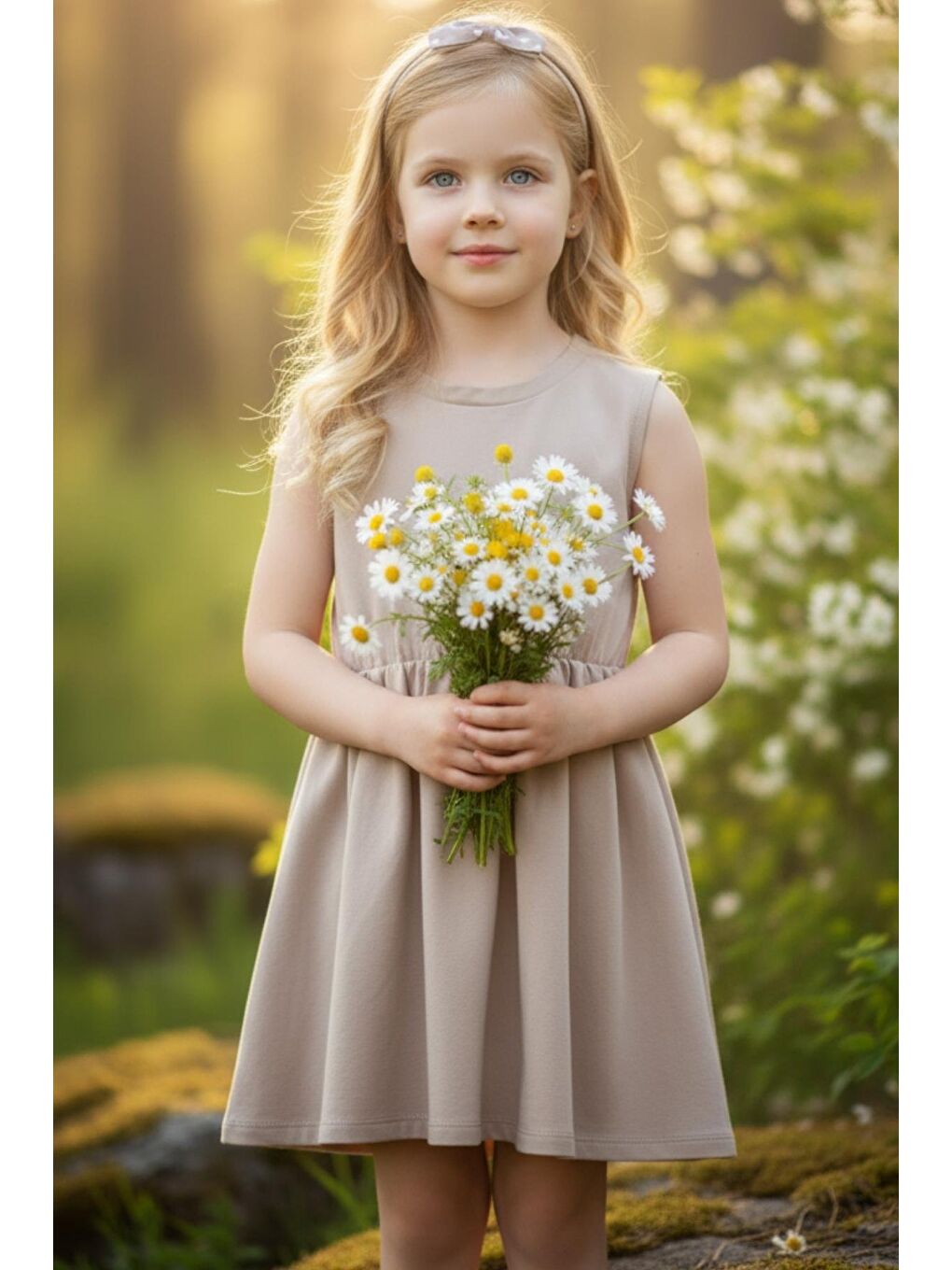 Bej Kız Çocuk Kumbeji Elbise Fiyonk Bandana Takım-1