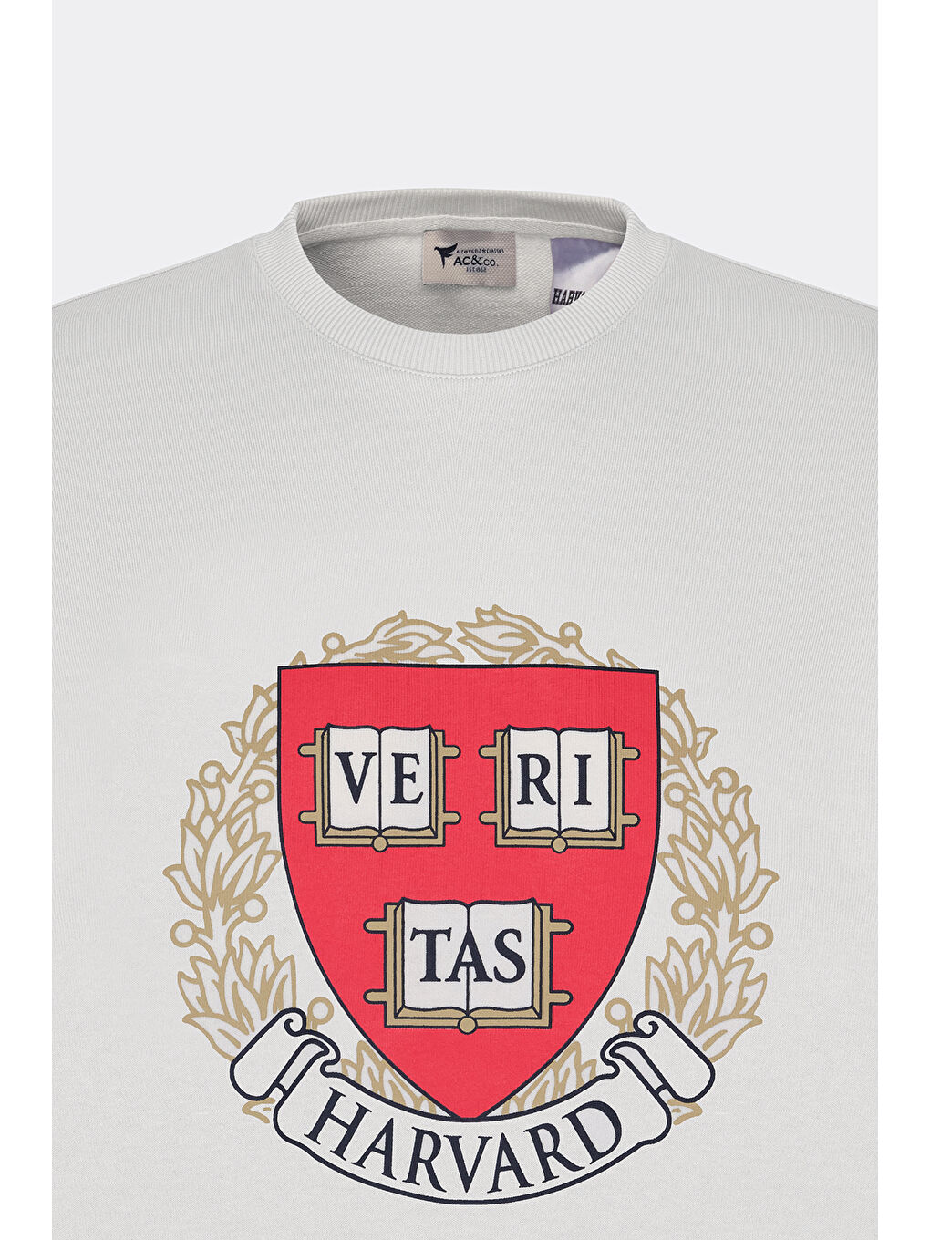 Erkek Ekru Oversize Fit Bol Kesim Harvard Lisanslı 3 İplik Pamuklu Bisiklet Yaka Sweatshirt-5