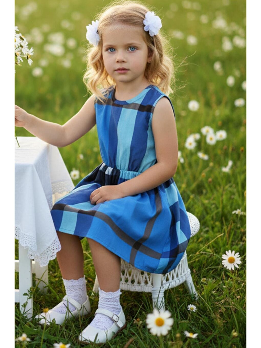 Kız Çocuk Mavi Lacivert Kareli Elbise-1