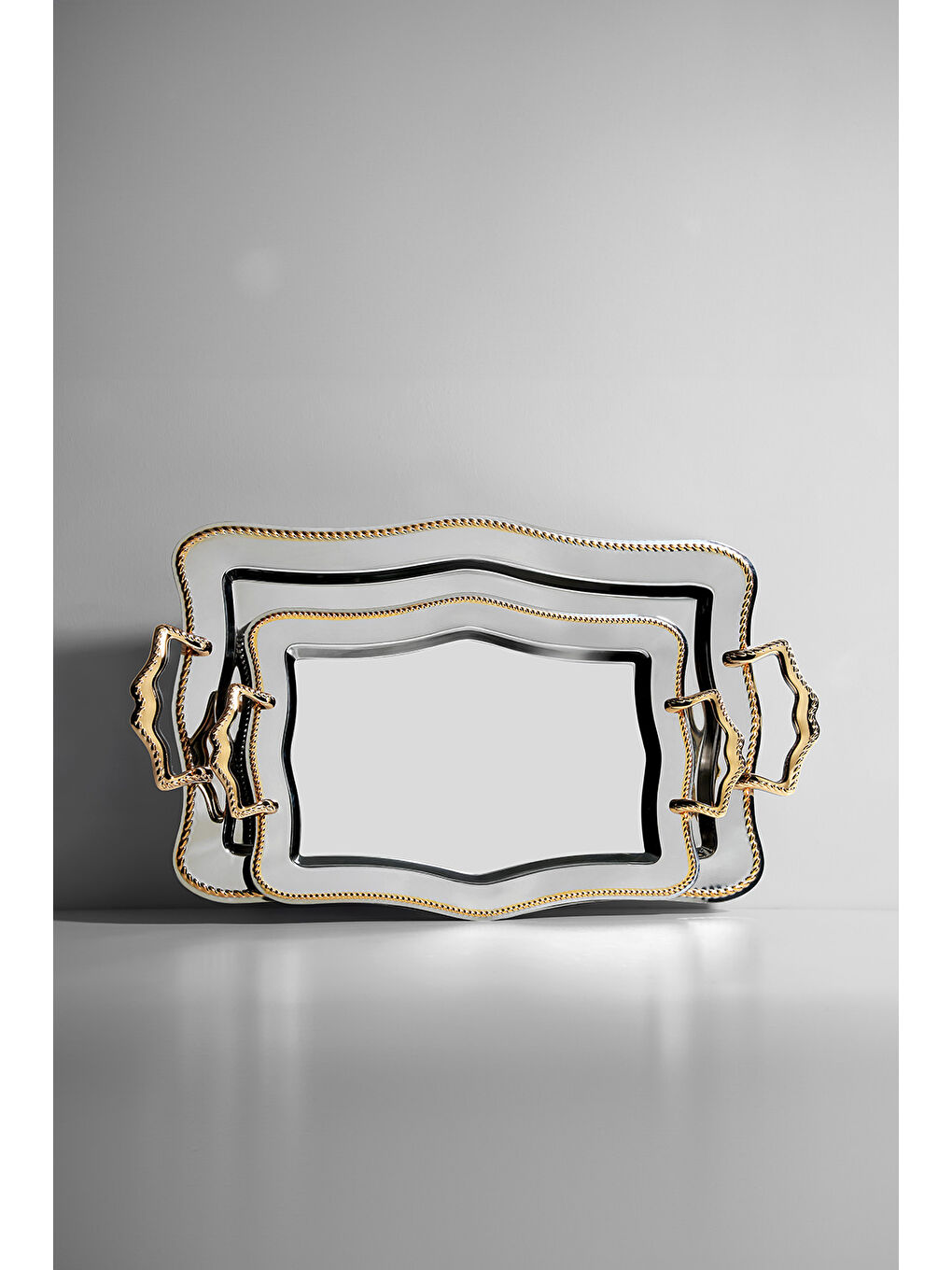 Sarı Zincir 2'li Altın Sade Çelik Tepsi Seti