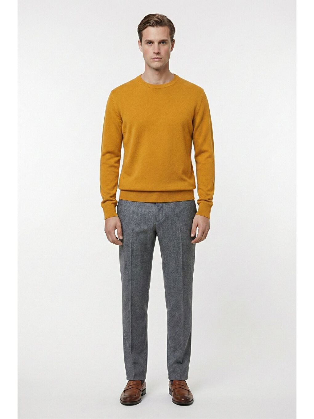 Sarı Safran Standart Fit Yün Karışımlı Bisiklet Yaka Düz Erkek Triko Kazak-1