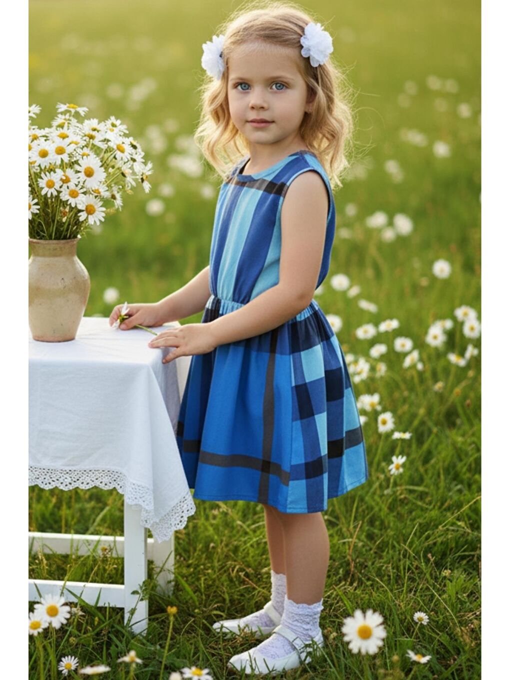 Kız Çocuk Mavi Lacivert Kareli Elbise-2