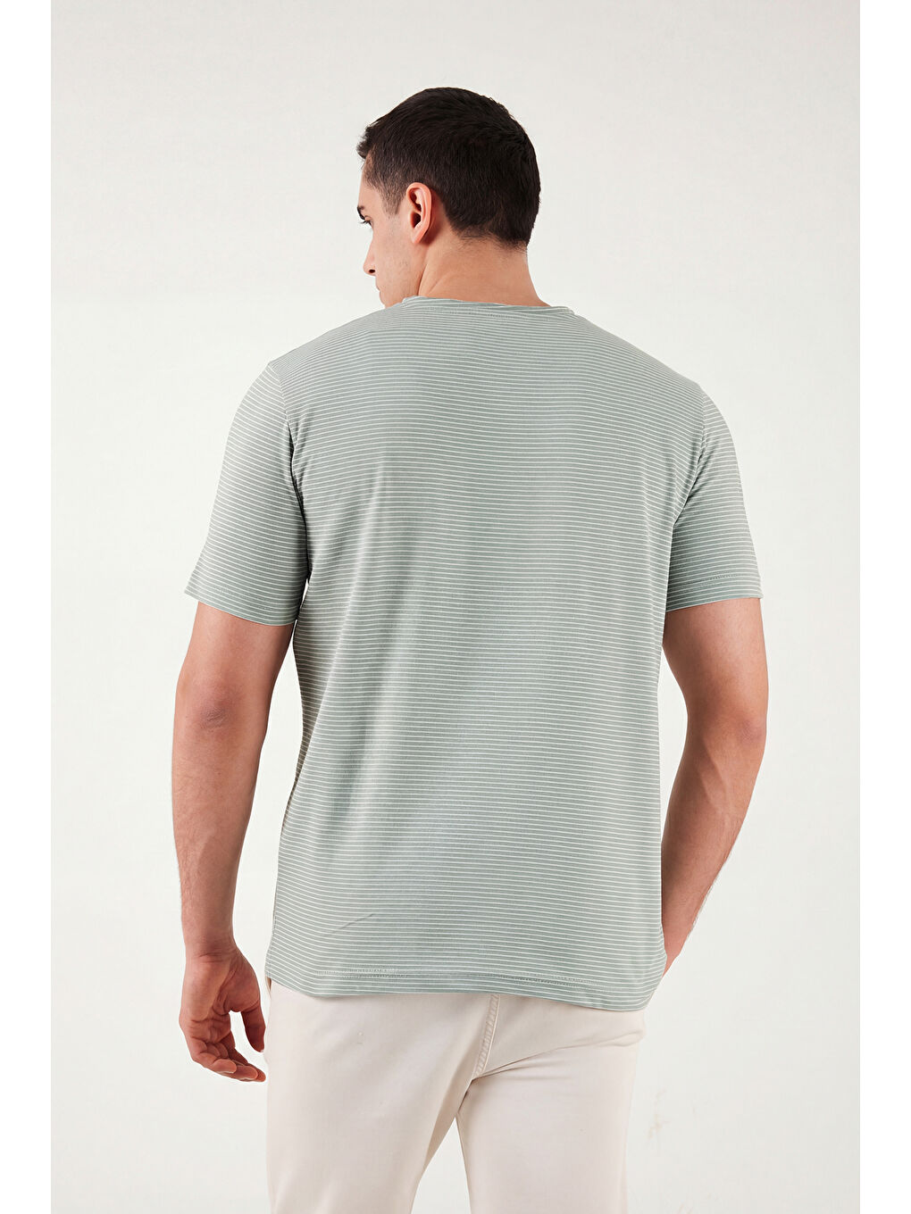 Yeşil Pamuklu Regular Fit Çizgili Bisiklet Yaka T Shirt 5904030-6