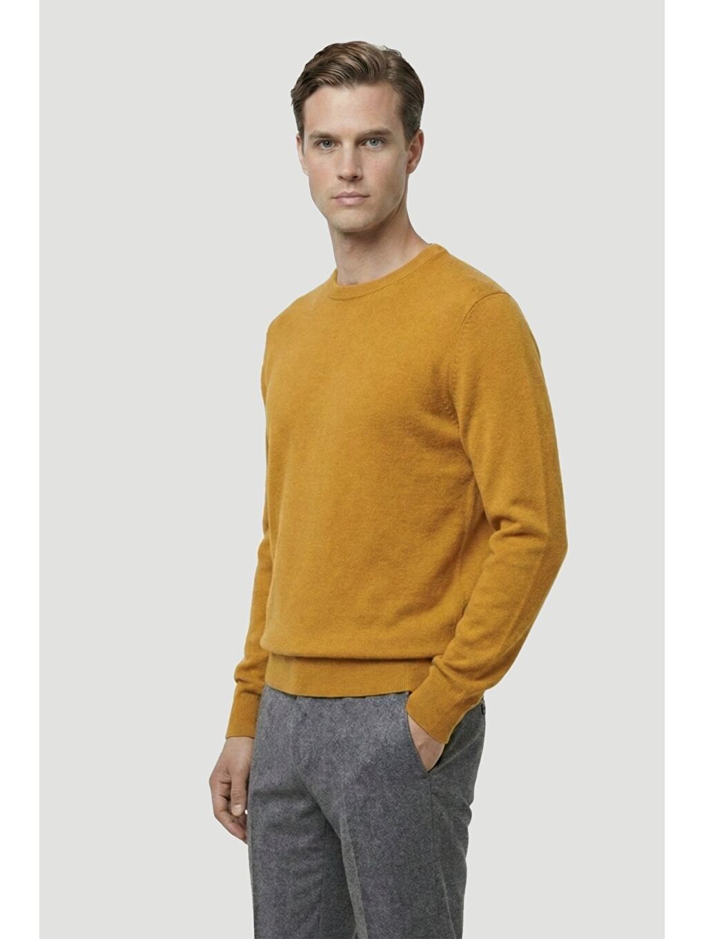 Sarı Safran Standart Fit Yün Karışımlı Bisiklet Yaka Düz Erkek Triko Kazak-2