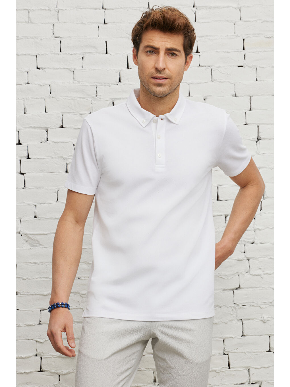 Erkek Beyaz Dar Kesim Nefes Alan Kumaş Polo Yaka Pamuklu Tişört