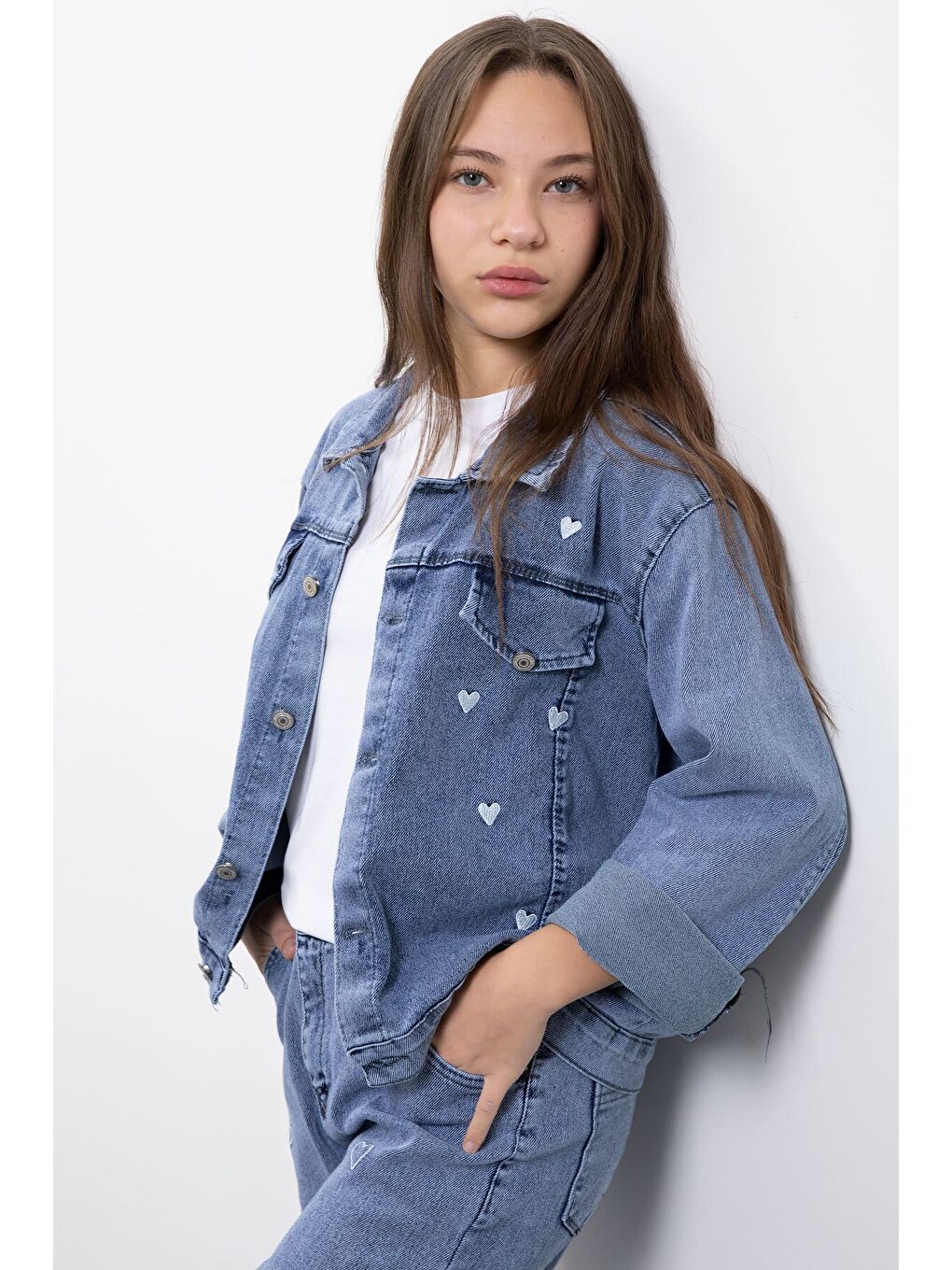 Mavi Kalp Desenli Düğmeli Ceketli Pantolonlu Kız Çocuk Jean Takım 23475-1