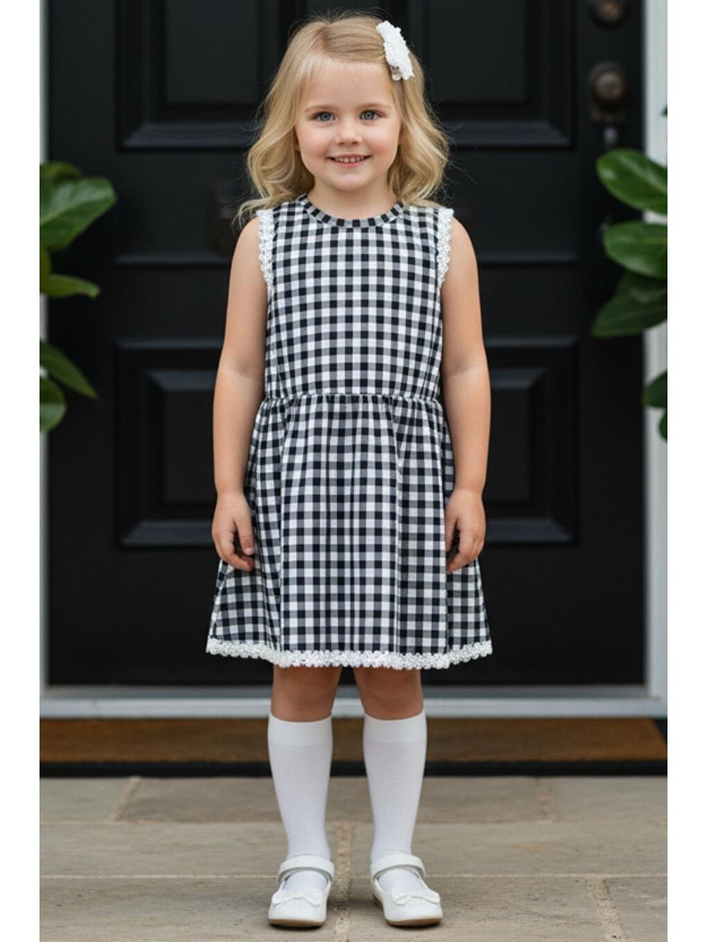 Kız Çocuk Siyah Beyaz Kareli Elbise Toka Takım