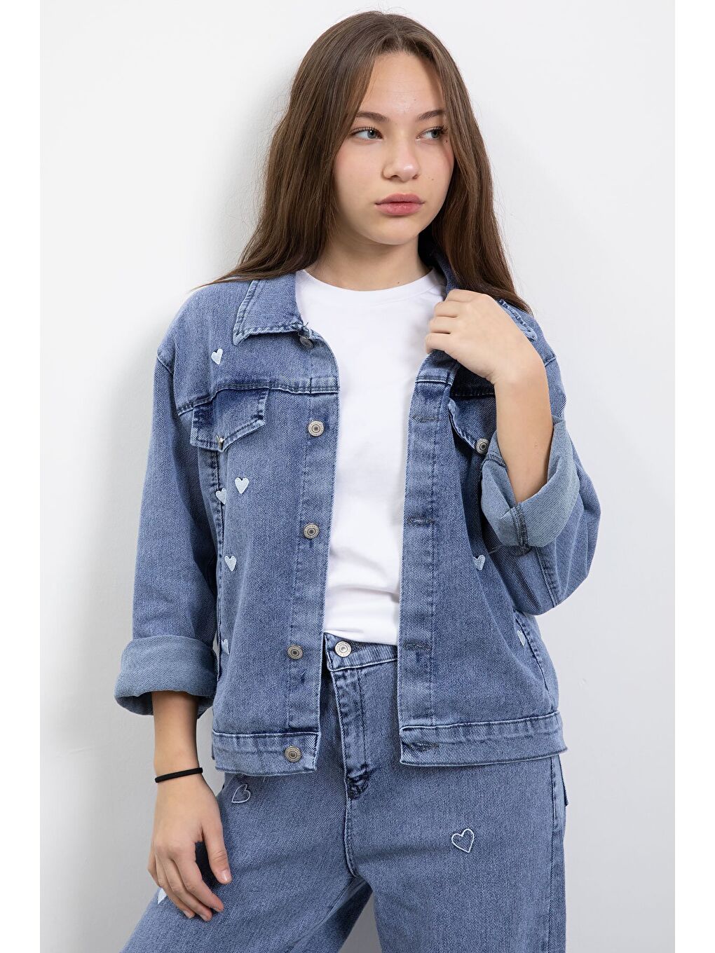 Mavi Kalp Desenli Düğmeli Ceketli Pantolonlu Kız Çocuk Jean Takım 23475-4