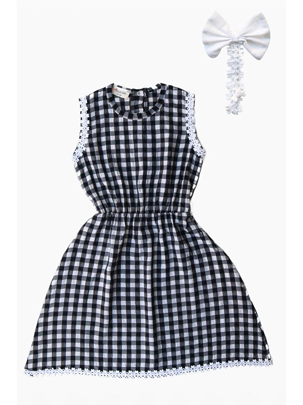 Kız Çocuk Siyah Beyaz Kareli Elbise Toka Takım-1