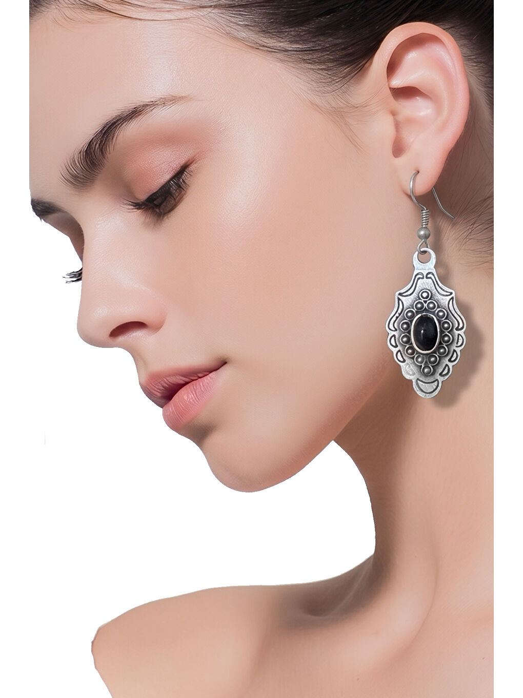 Gri Kadın Antik Gümüş Kaplama Siyah Boncuklu Sallantılı Model Küpe-1