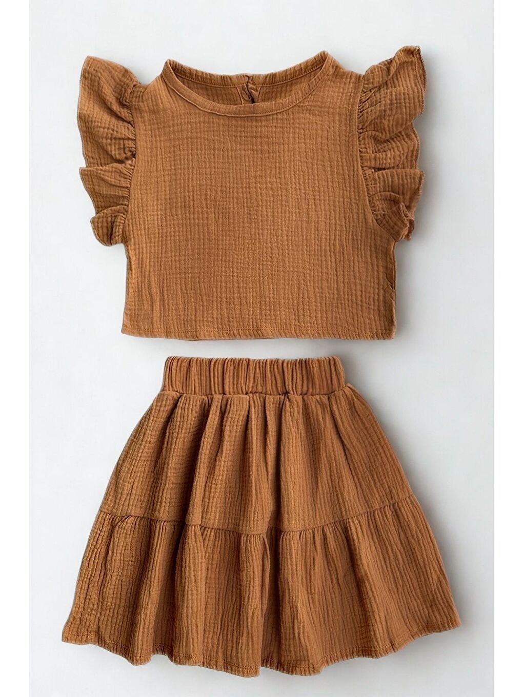Kız Çocuk Müslin Kahverengi Etek Bluz Takım-2
