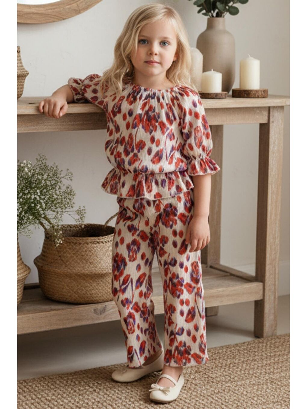 Kız Çocuk Çiçekli Turuncu Alt Üst Takım