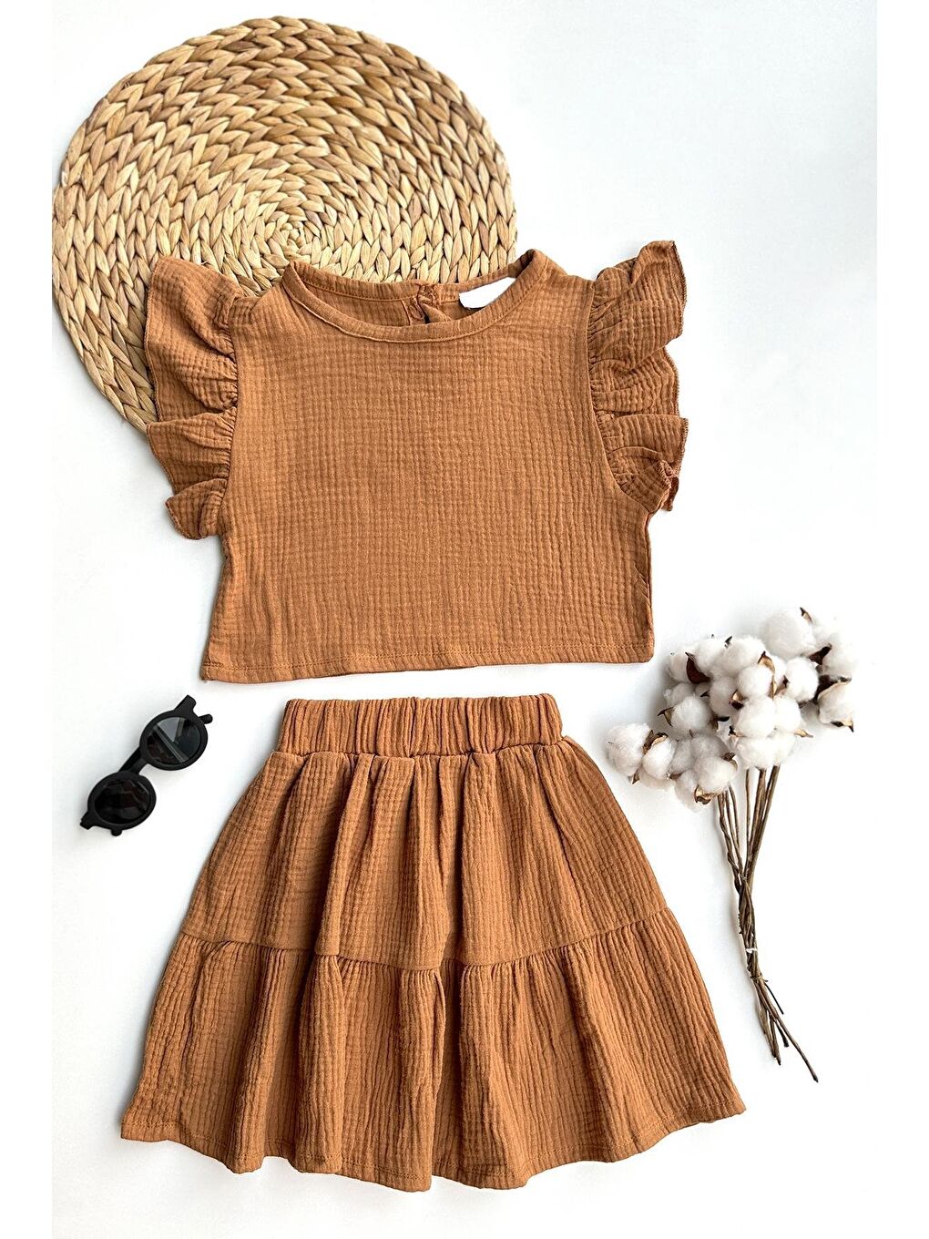 Kız Çocuk Müslin Kahverengi Etek Bluz Takım-4