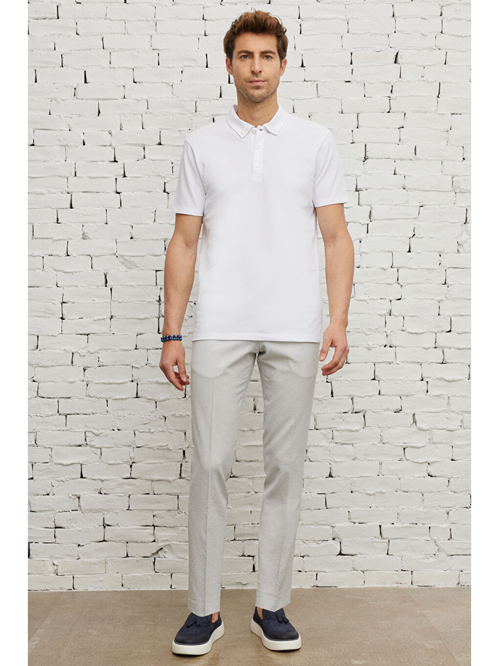 Erkek Beyaz Dar Kesim Nefes Alan Kumaş Polo Yaka Pamuklu Tişört-1