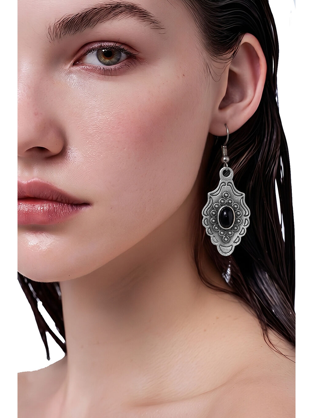 Gri Kadın Antik Gümüş Kaplama Siyah Boncuklu Sallantılı Model Küpe-2