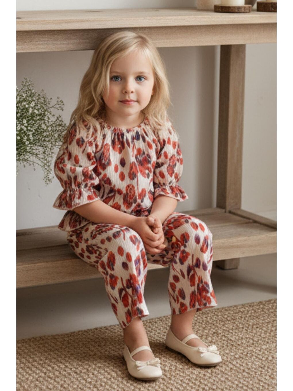 Kız Çocuk Çiçekli Turuncu Alt Üst Takım-1