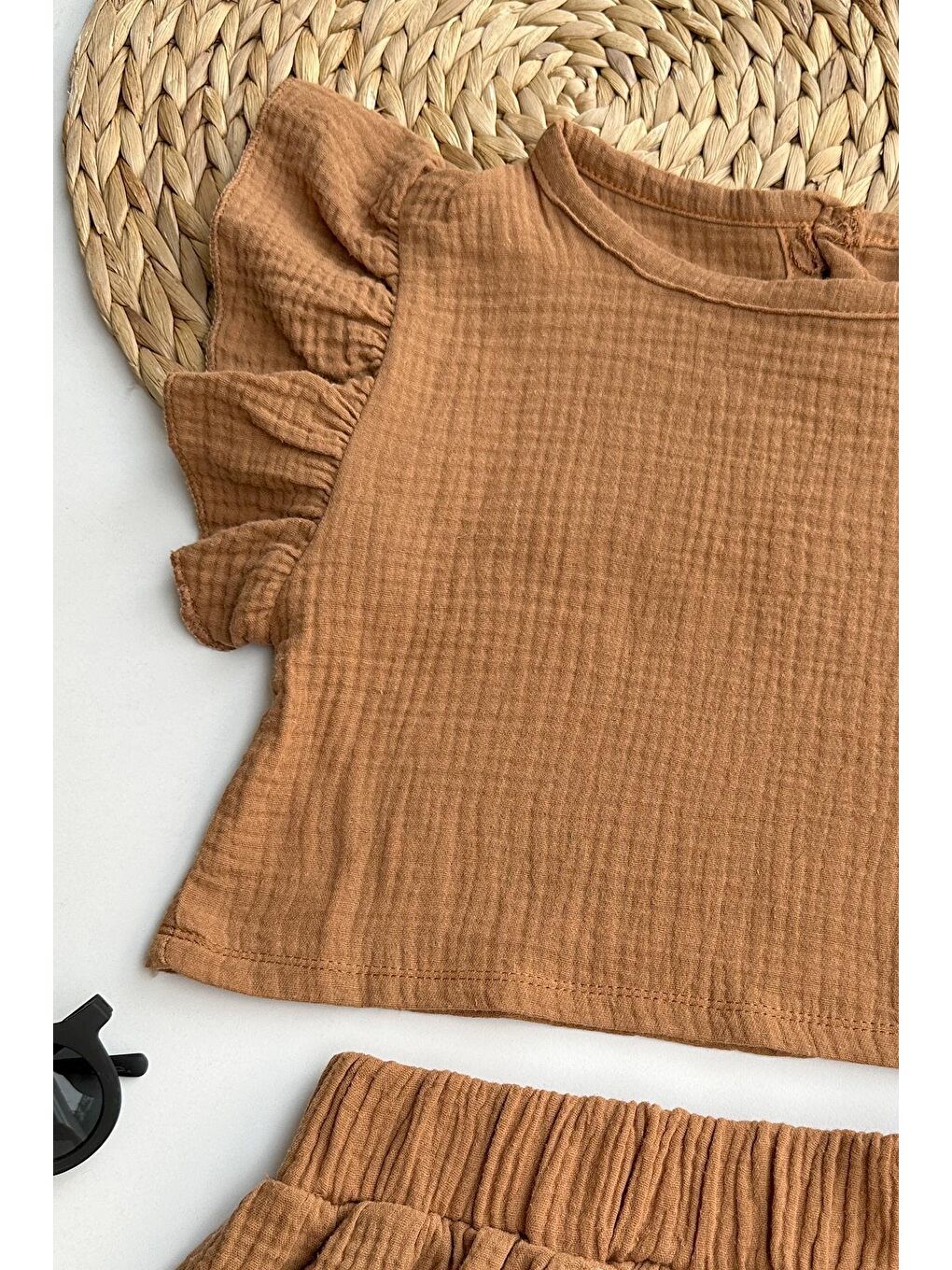 Kız Çocuk Müslin Kahverengi Etek Bluz Takım-5