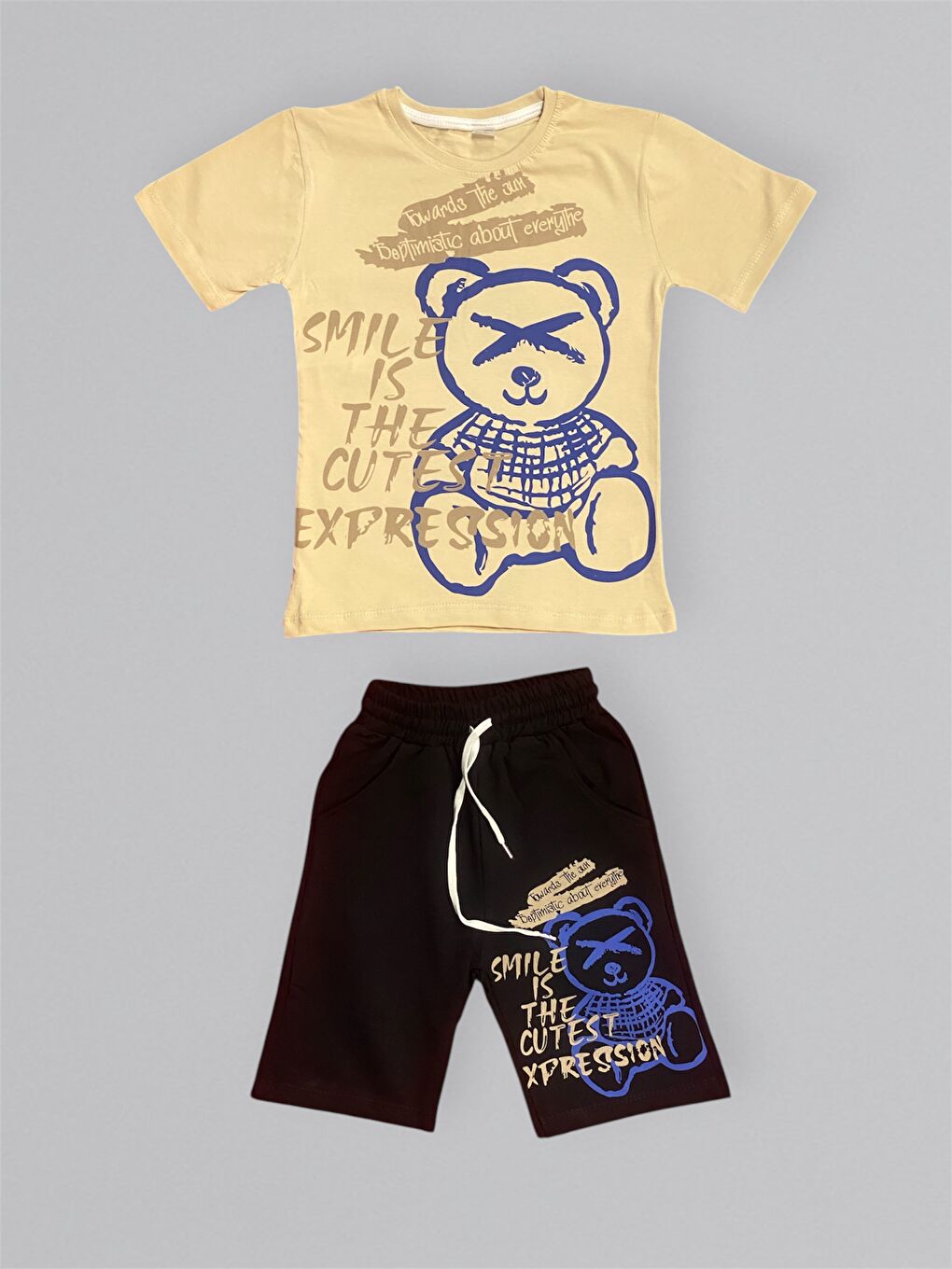 Bej Baskılı Erkek Çocuk Tişört Şortlu Takım M00715-1