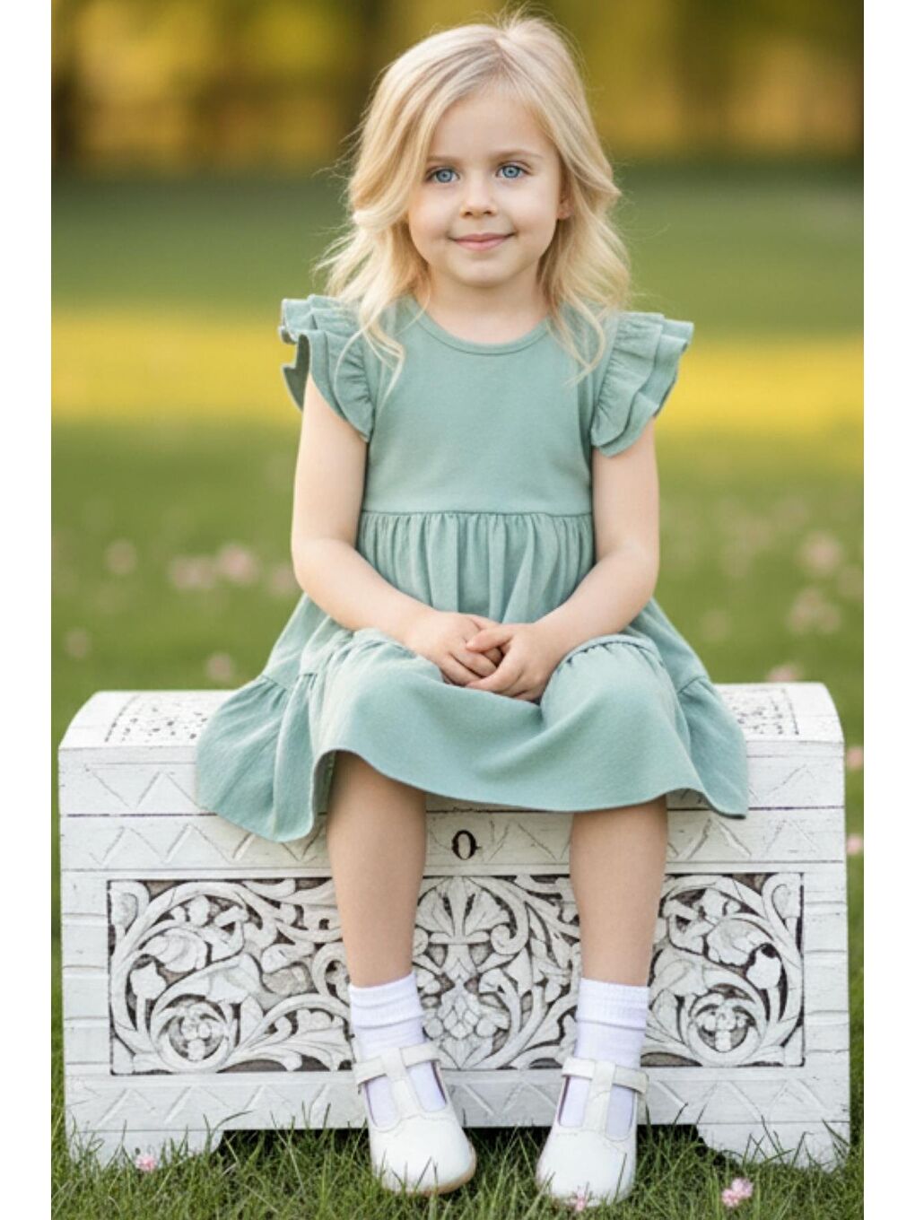 Kız Çocuk Princess Yeşil Fırfır Kollu Kat Kat Elbise-1