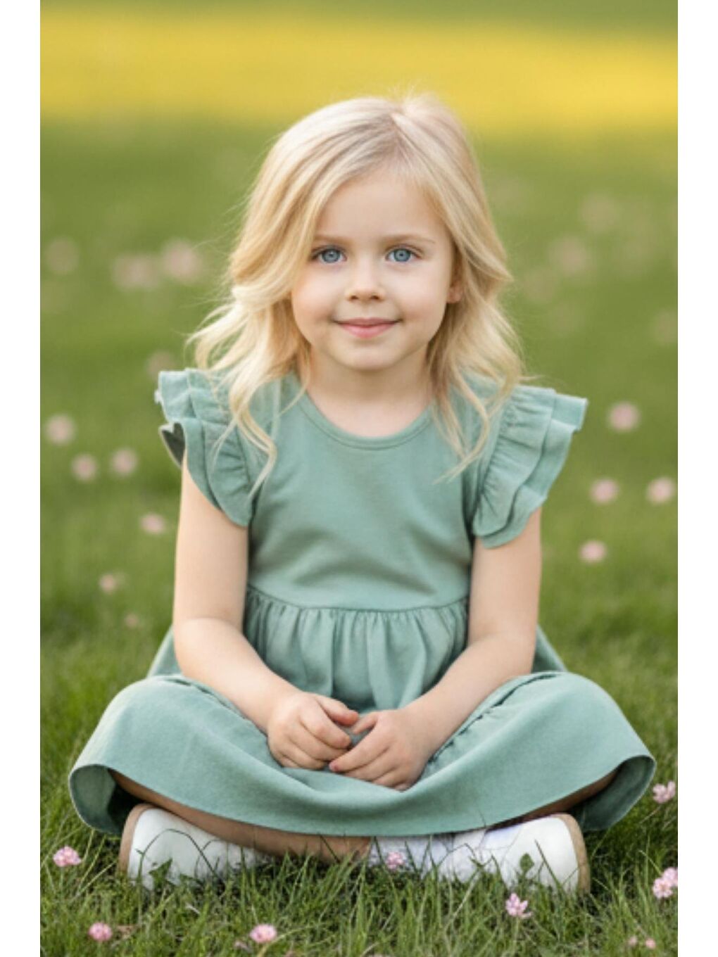 Kız Çocuk Princess Yeşil Fırfır Kollu Kat Kat Elbise-2